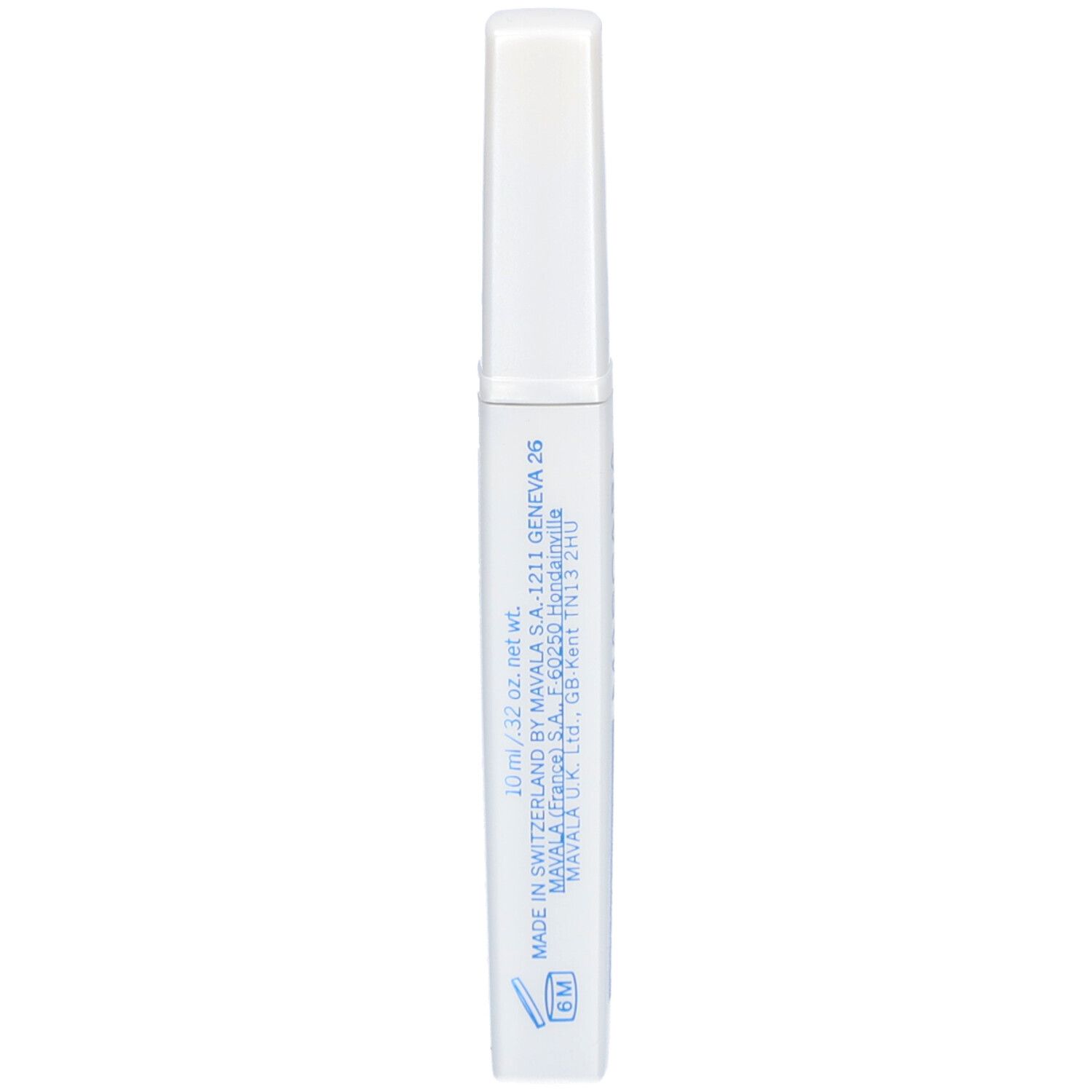 Tube de mascara blanc avec texte bleu : MAVALA, 10 ml, 6M.
