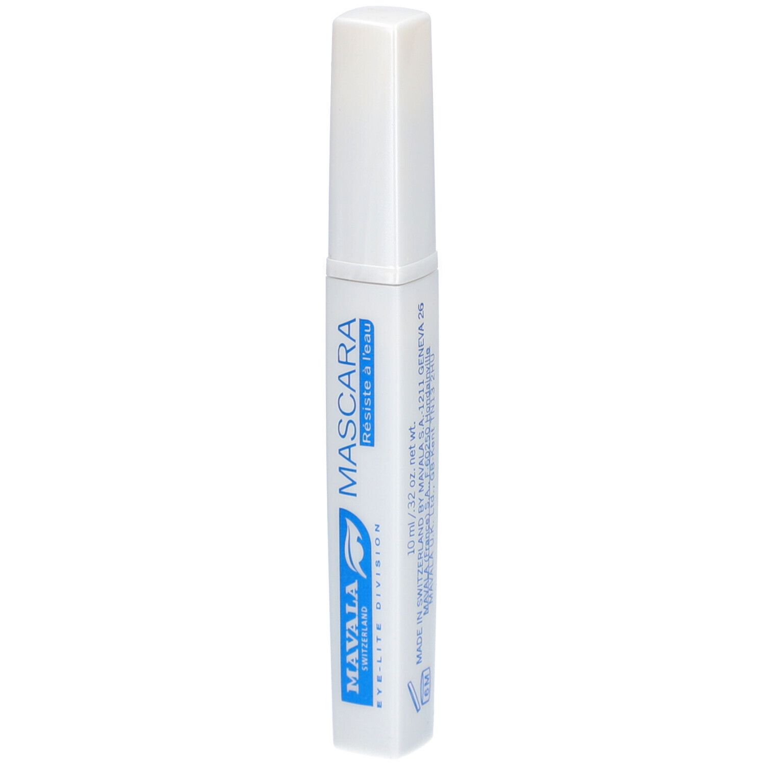 Tube de mascara blanc avec texte bleu : MAVALA, Mascara, Résiste à l'eau, 10 ml.