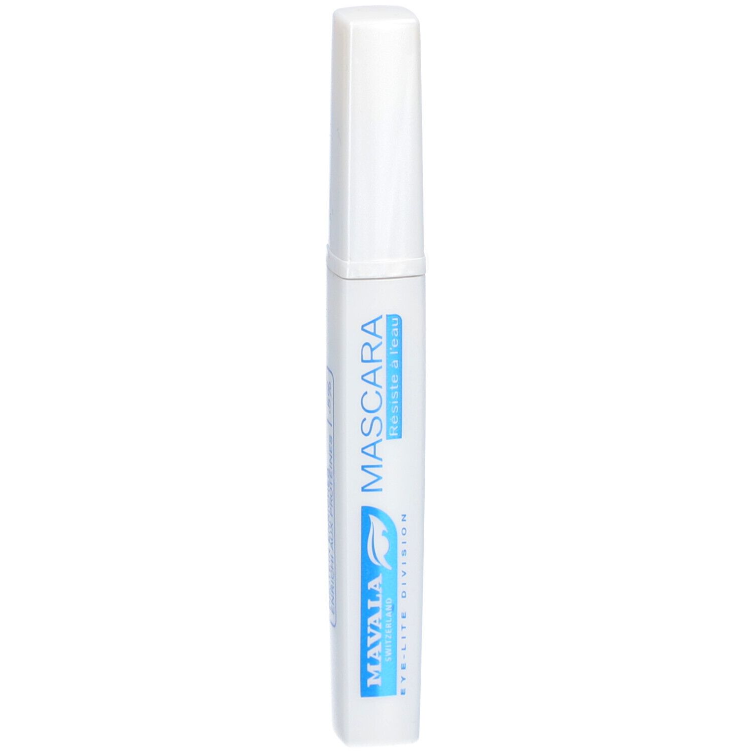 Tube de mascara blanc avec texte bleu : MAVALA, Mascara, Résiste à l'eau.