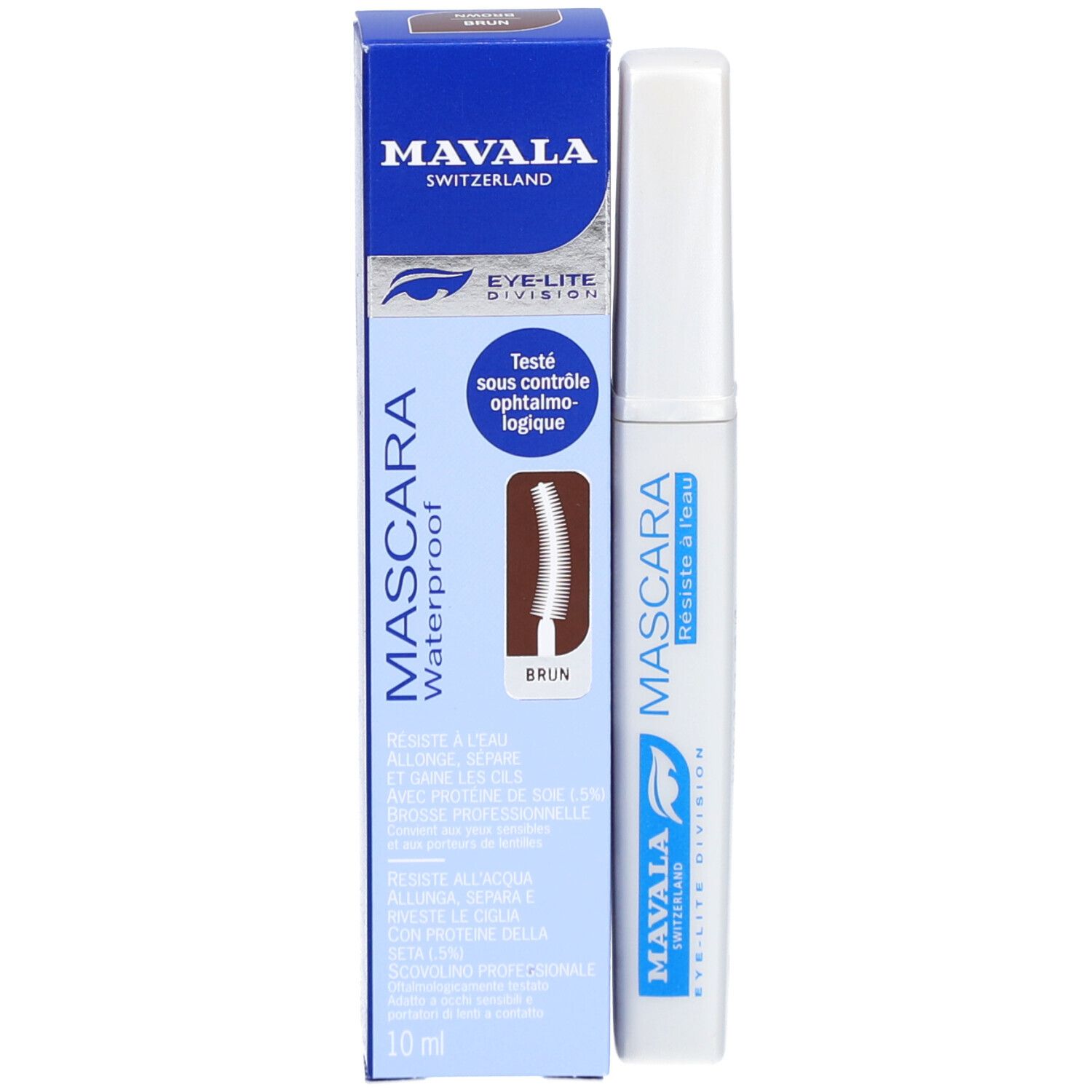Tube de mascara et boîte. Boîte : MAVALA, Mascara Waterproof, brun, 10 ml.