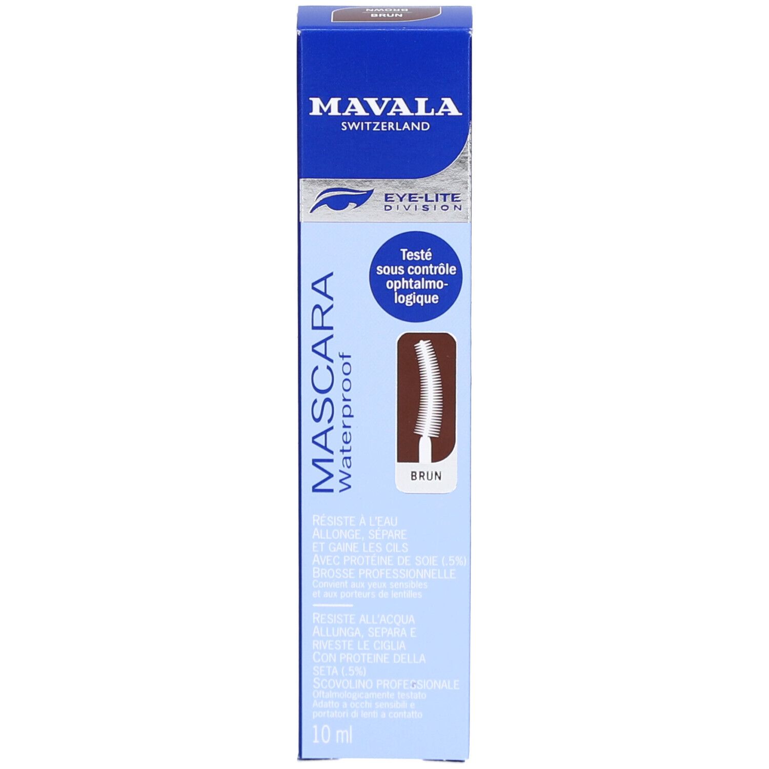 Boîte de mascara. Inscription : MAVALA, Mascara Waterproof, brun, 10 ml.