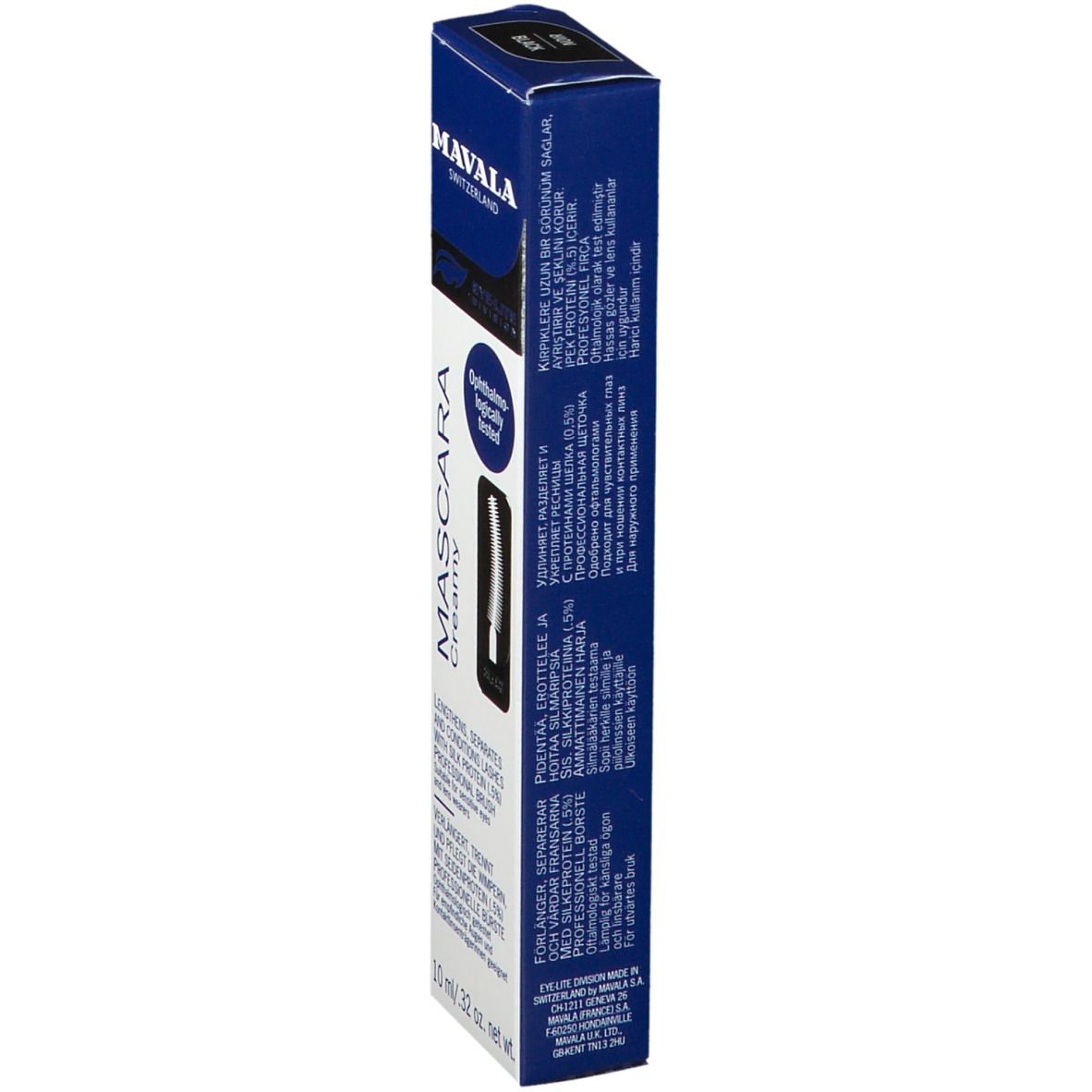 Mascara Creme Schwarze Creme von Mavala. Schwarze Verpackung mit Text in verschiedenen Sprachen. Ophthalmo-logisch getestet.