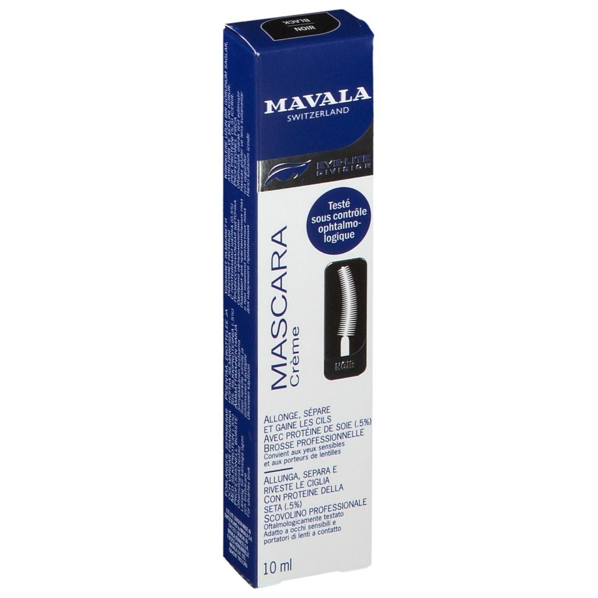 Mascara Creme Schwarze Creme von Mavala. Schwarze Verpackung mit Produktabbildung und Text. Getestet unter augenärztlicher Kontrolle.