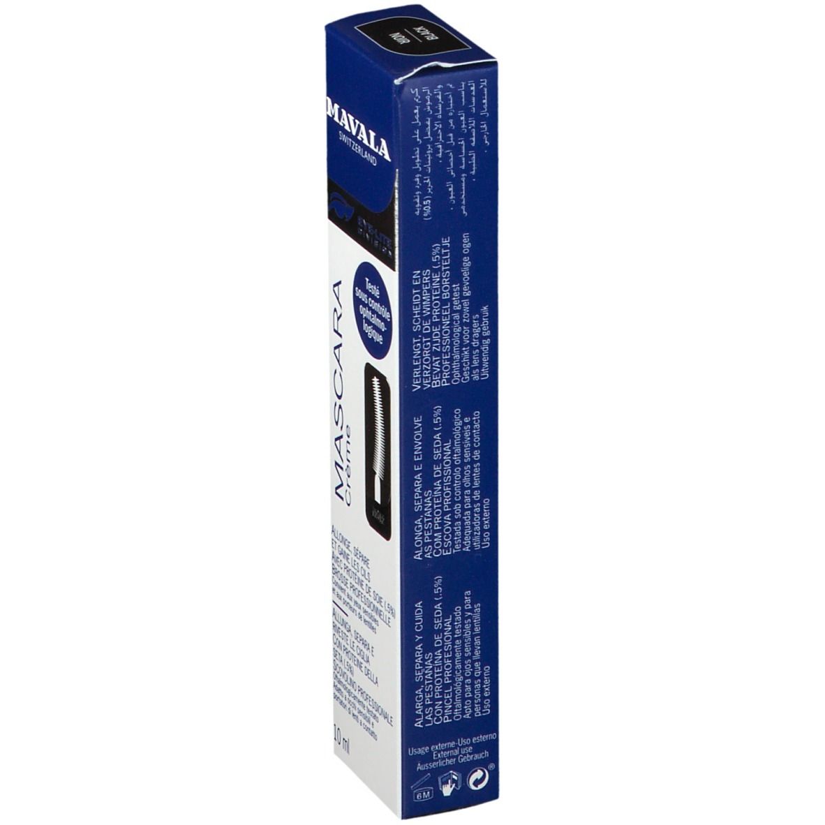 Mascara Creme Schwarze Creme von Mavala. Schwarze Verpackung mit Text in verschiedenen Sprachen. Getestet unter augenärztlicher Kontrolle.