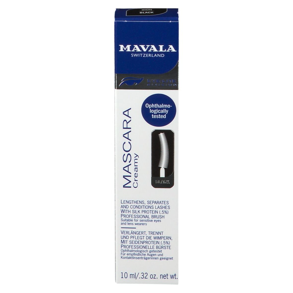 Mascara Creme Schwarze Creme von Mavala. Schwarze Verpackung mit Produktabbildung und Text. Ophthalmo-logisch getestet.