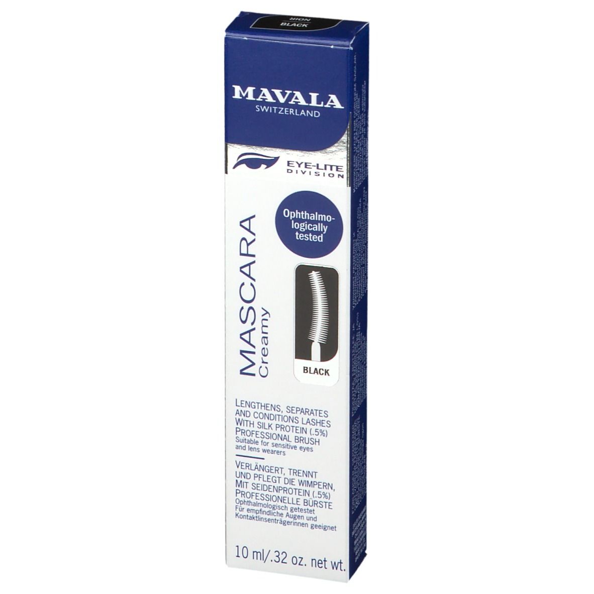 Mascara Creme Schwarze Creme von Mavala. Schwarze Verpackung mit Produktabbildung und Text. Ophthalmo-logisch getestet.