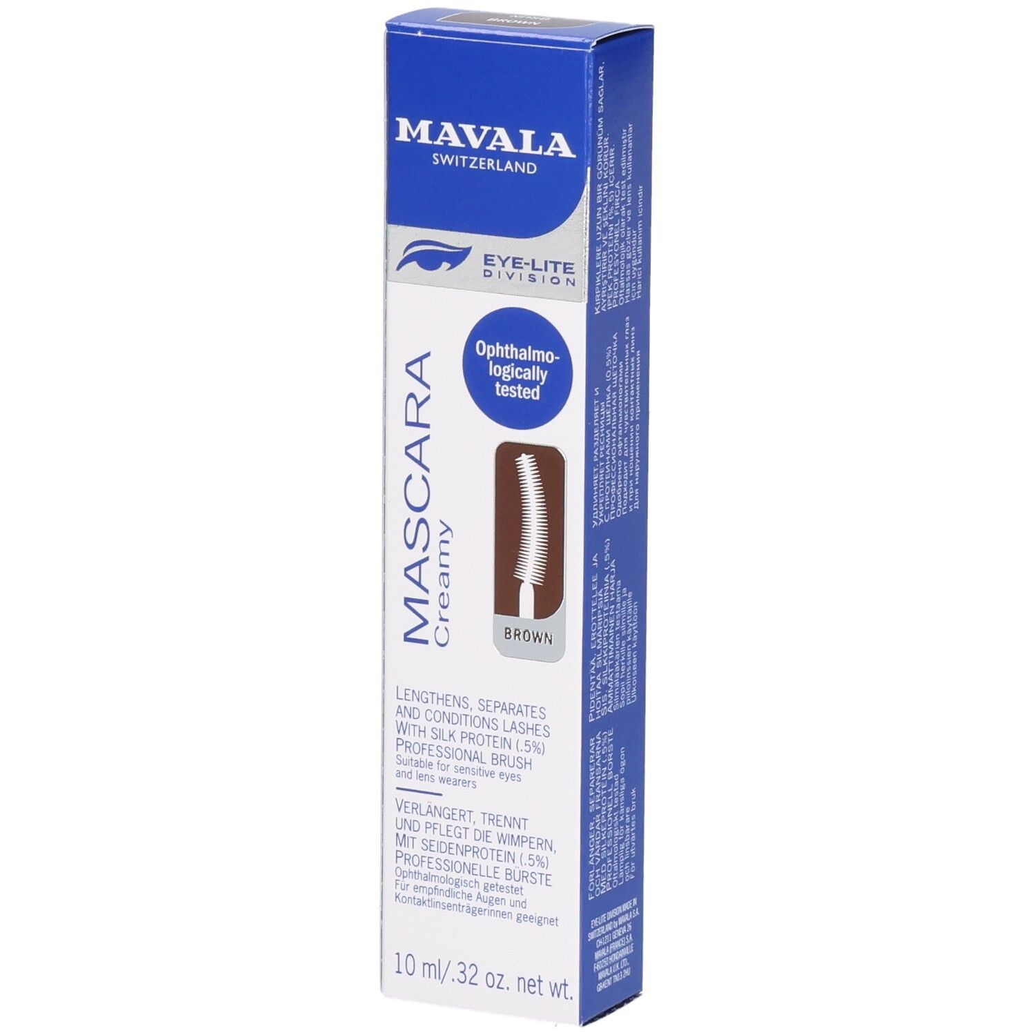 Mascara-Verpackung in Braun. Oculistisch getest, met borstelafbeelding en 10ml inhoud.