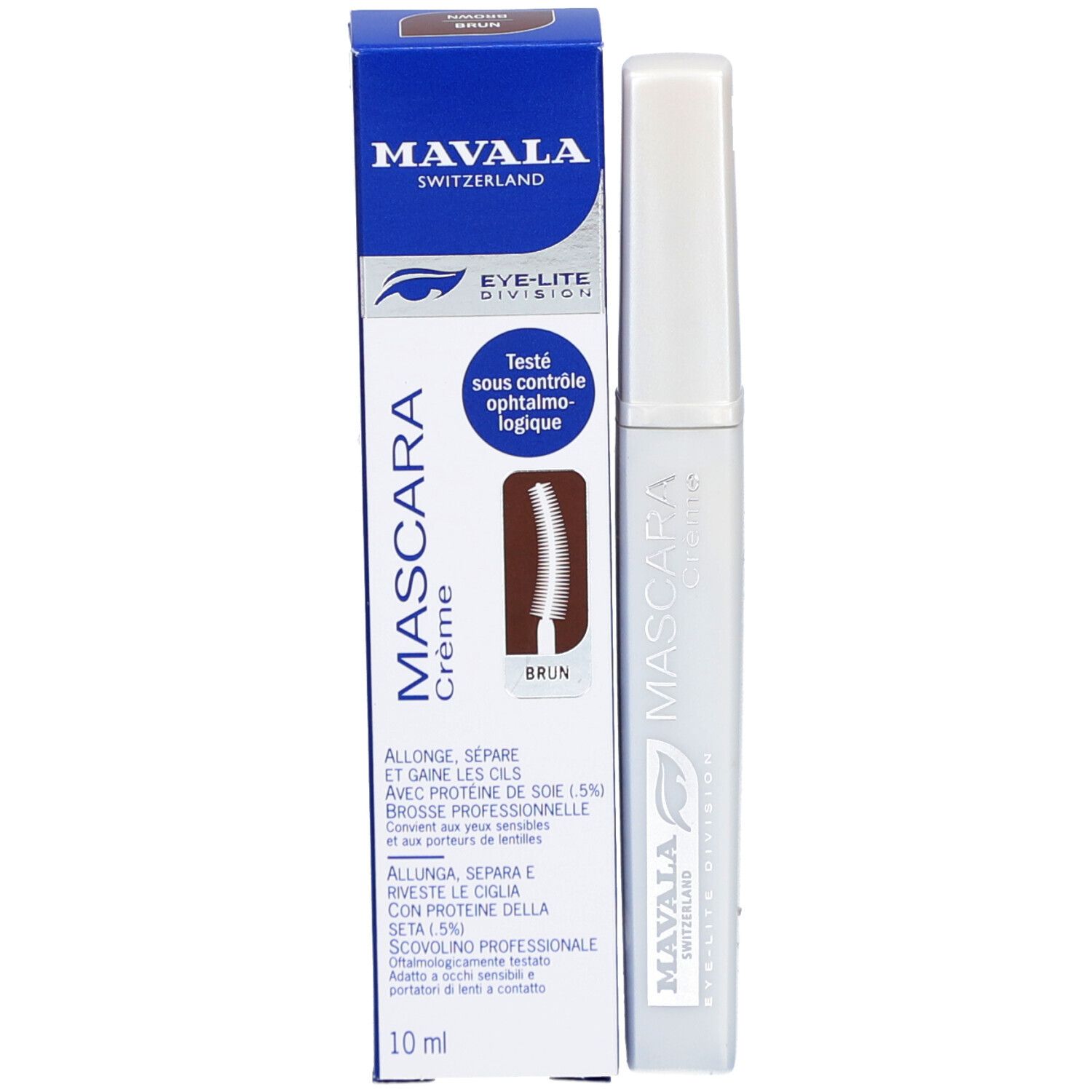 Mascara-Verpackung in Braun und eine Mascara-Tube. Oculistisch getest, 10ml.