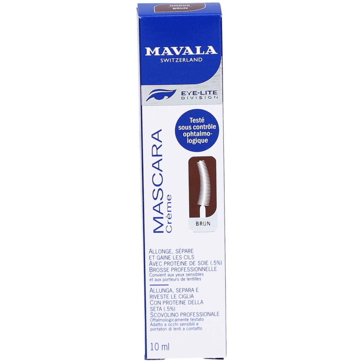 Kartonverpackung, blau, mit Mascara-Abbildung und Schriftzug: MAVALA, Mascara Crème, Braun.