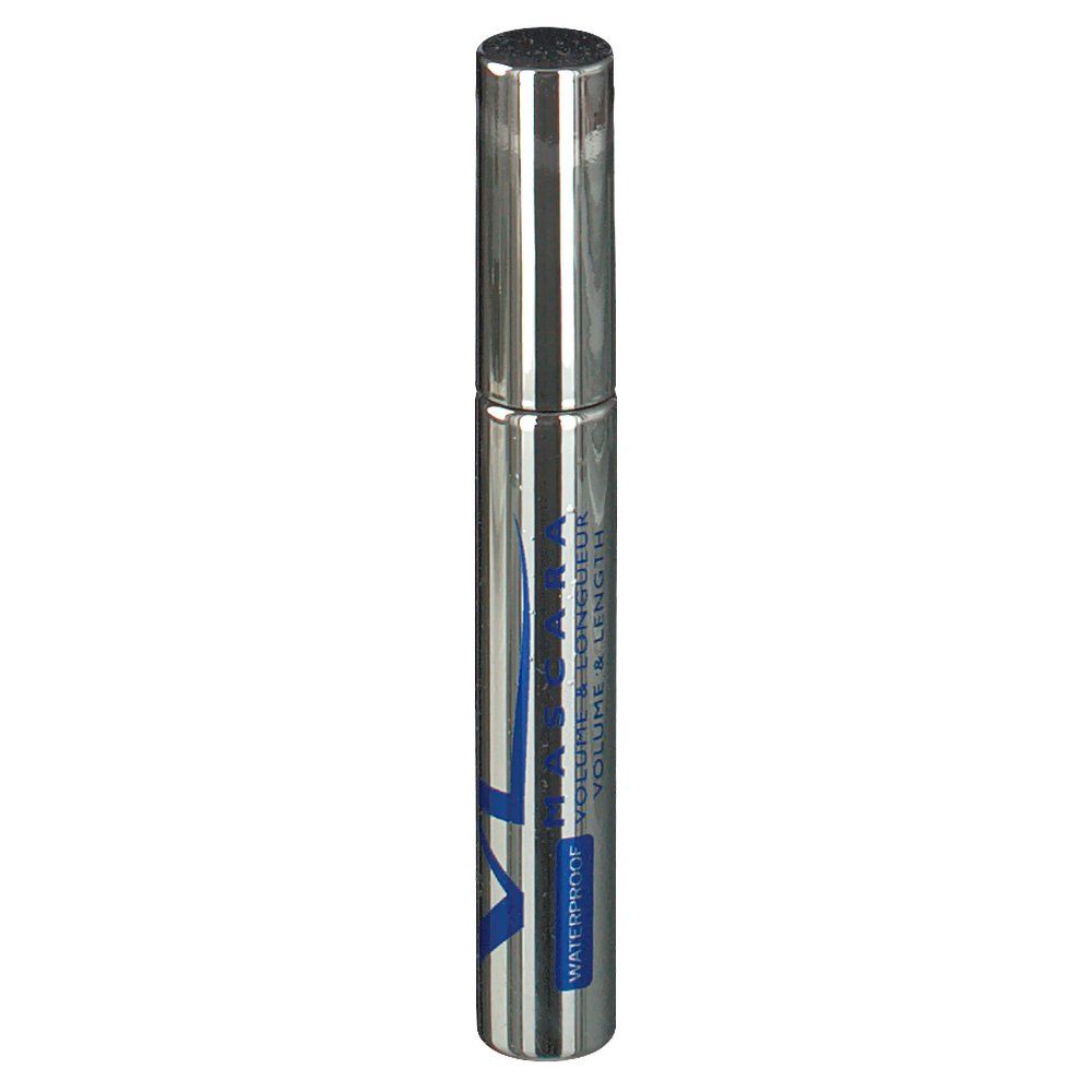 Tube de mascara argenté avec texte bleu: VOLUME & LONGUEUR, WATERPROOF. Capuchon et tube en métal.