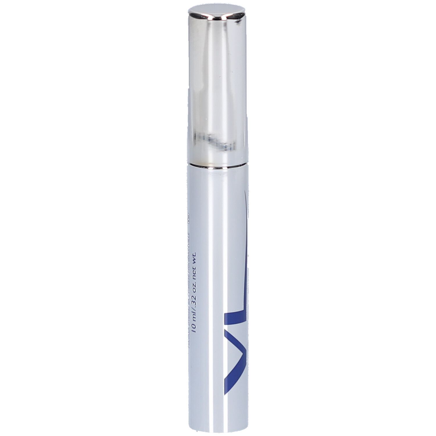 Mascara-Tube, silberfarben mit blauer Schrift. Text: MASCARA, WATERPROOF, VOLUME & LONGUEUR. Marke: VL. 10 ml.