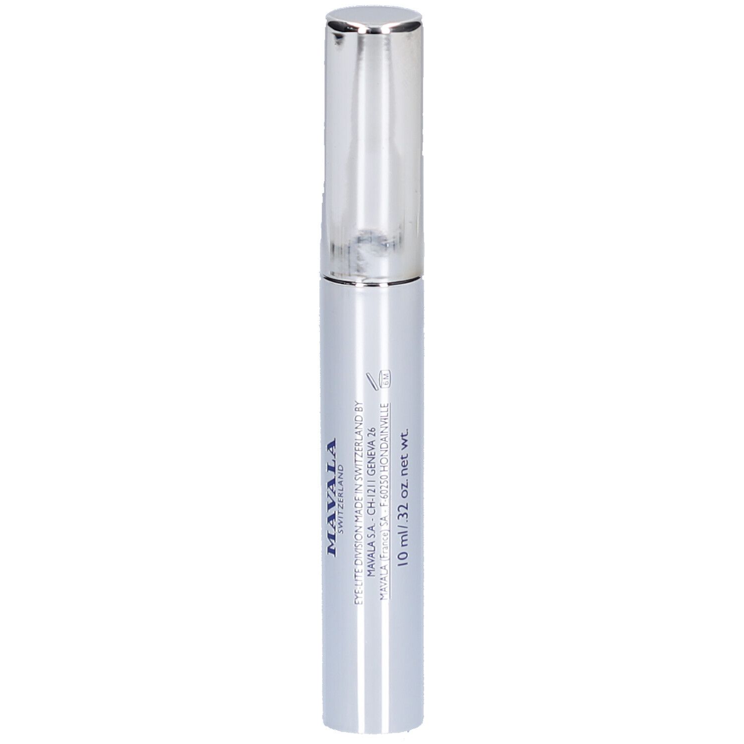 Mascara-Tube, silberfarben mit blauer Schrift. Text: MAVALA, 10 ml. Marke: VL. Hergestellt in der Schweiz.
