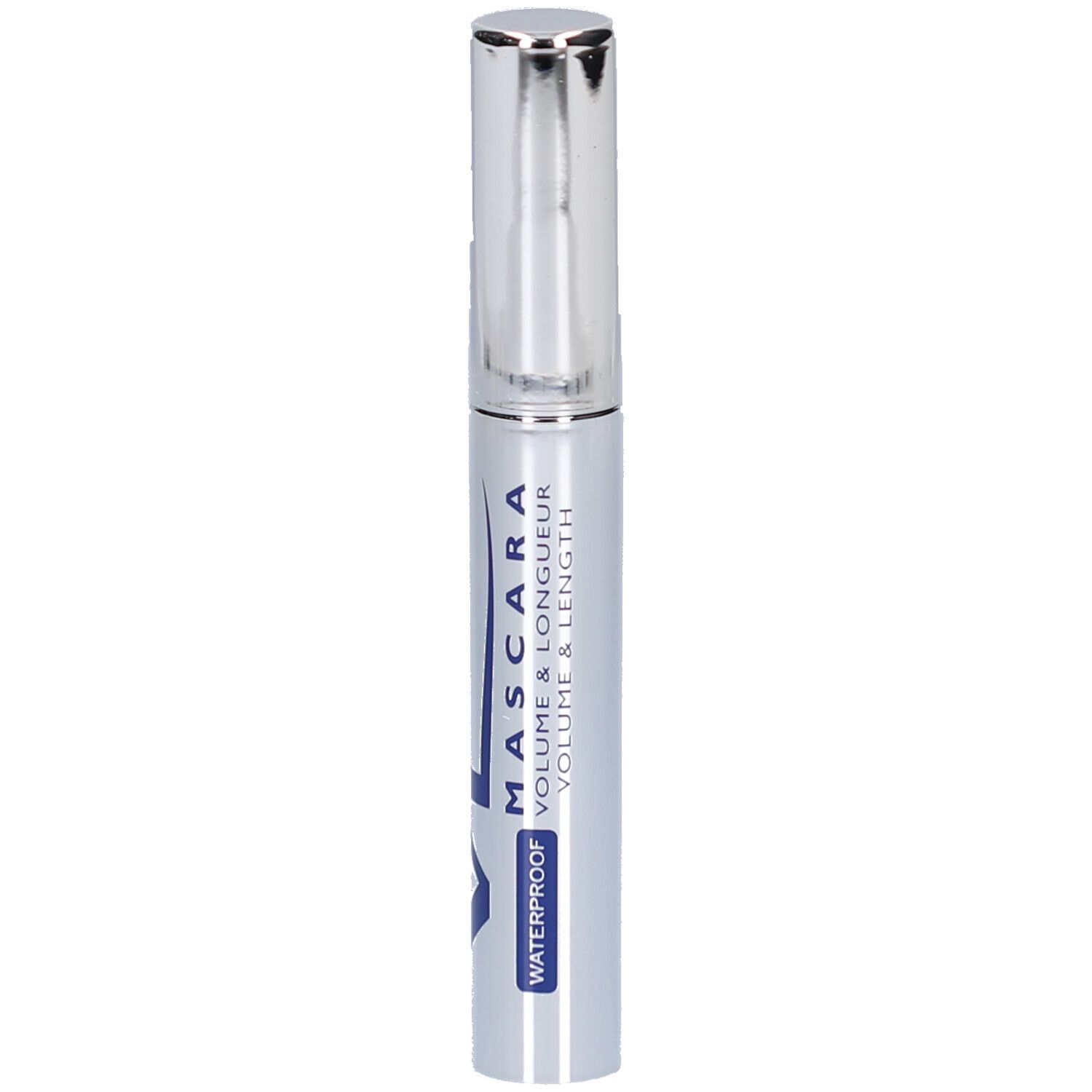 Mascara-Tube, silberfarben mit blauer Schrift. Text: MASCARA, WATERPROOF, VOLUME & LONGUEUR. Marke: VL.