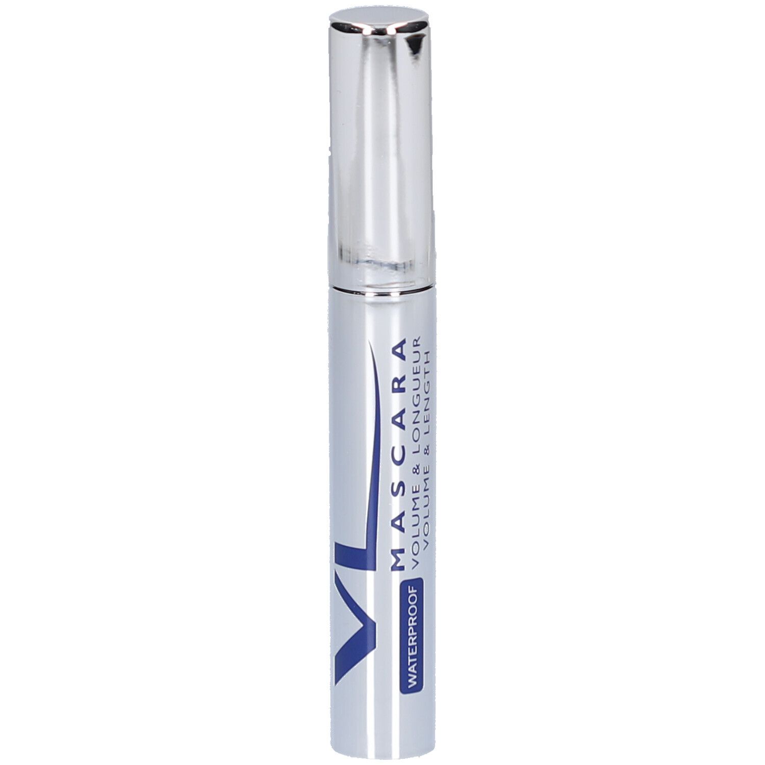 Mascara-Tube, silberfarben mit blauer Schrift. Text: MASCARA, WATERPROOF, VOLUME & LONGUEUR. Marke: VL.