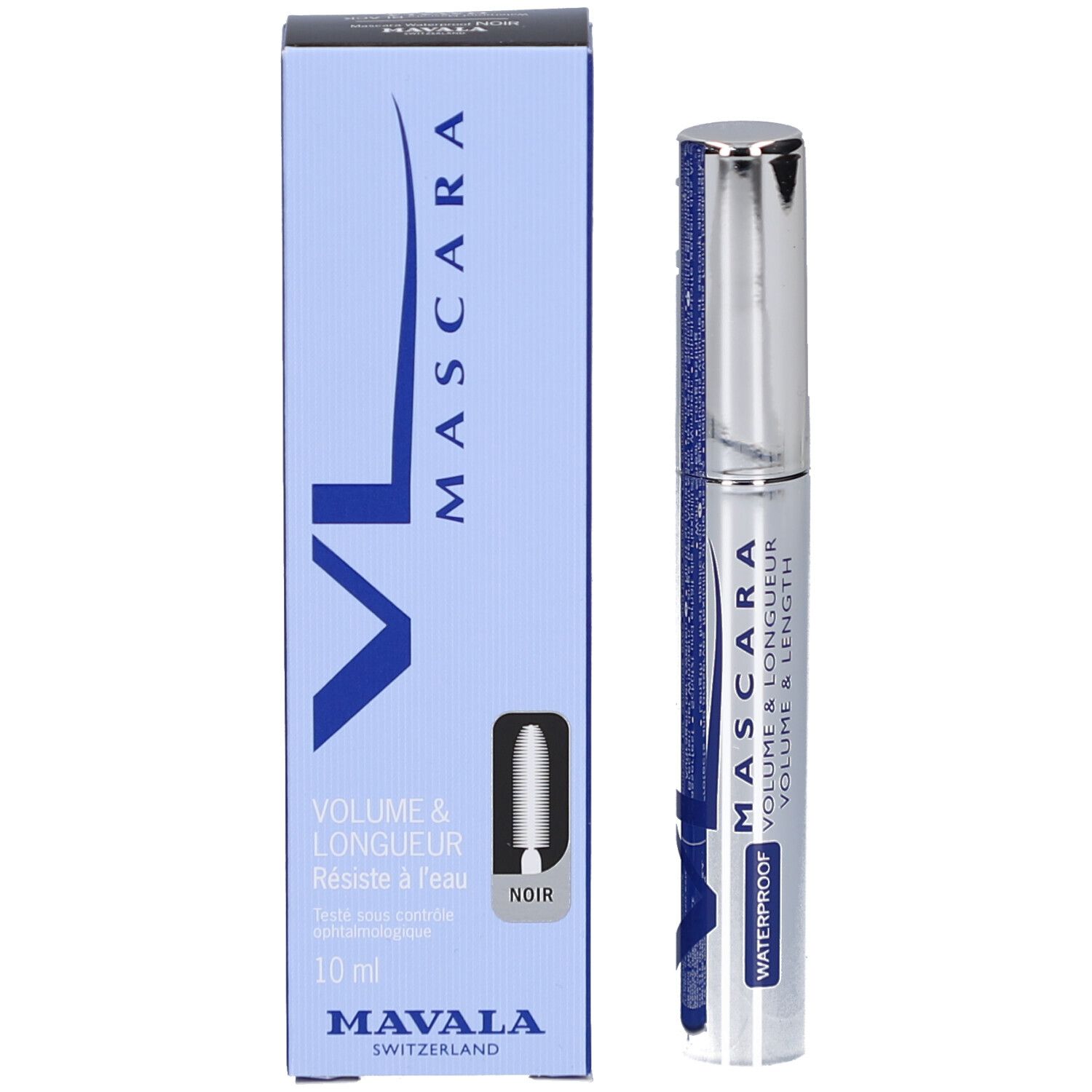 Mascara-Tube und Verpackung. Verpackung: blau, Text: MASCARA, VOLUME & LONGUEUR, Noir. Marke: MAVALA.