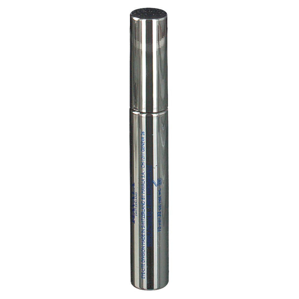 Tube de mascara argenté avec texte bleu: MADE IN SWITZERLAND. Capuchon et tube en métal.