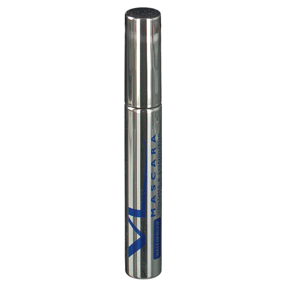 Tube de mascara argenté avec texte bleu: MASCARA, VOLUME & LONGUEUR, WATERPROOF. Capuchon et tube en métal.