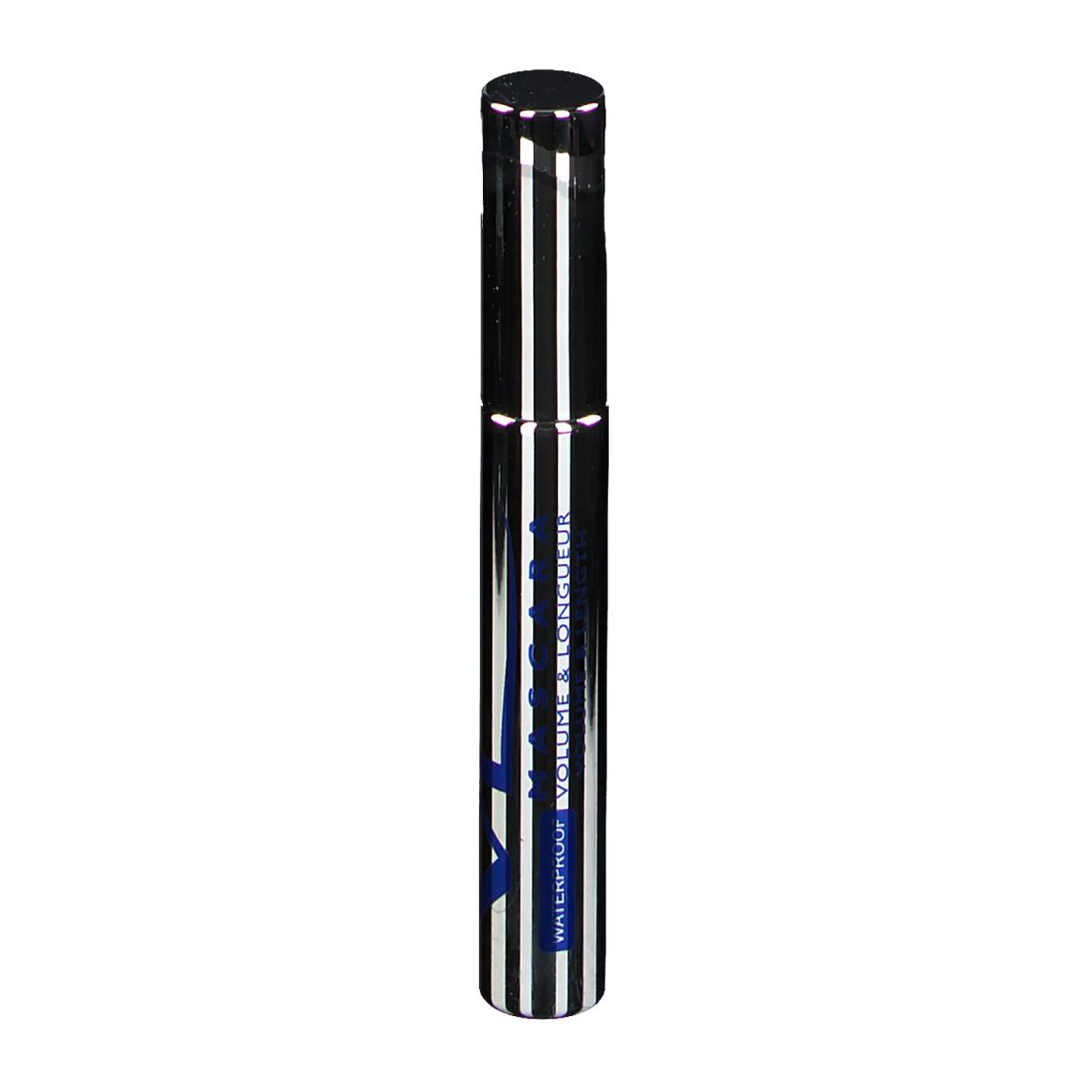 Mascara-Tube mit schwarzem Deckel und silber-schwarzen Streifen. Aufschrift: VOLUME & LONGUEUR.