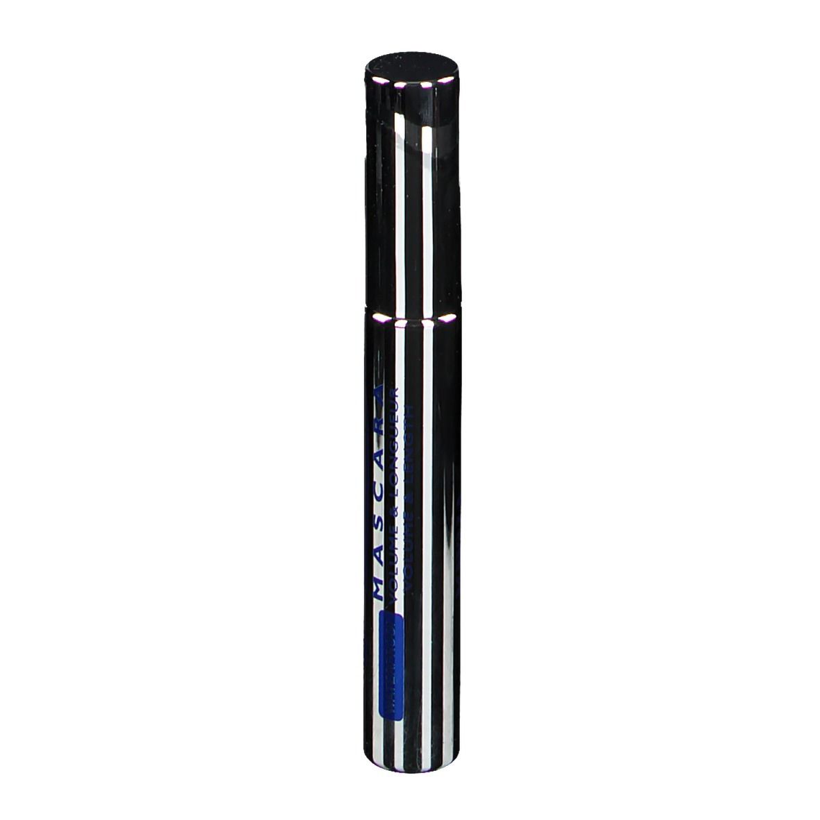Mascara-Tube mit schwarzem Deckel und silber-schwarzen Streifen. Aufschrift: MASCARA.