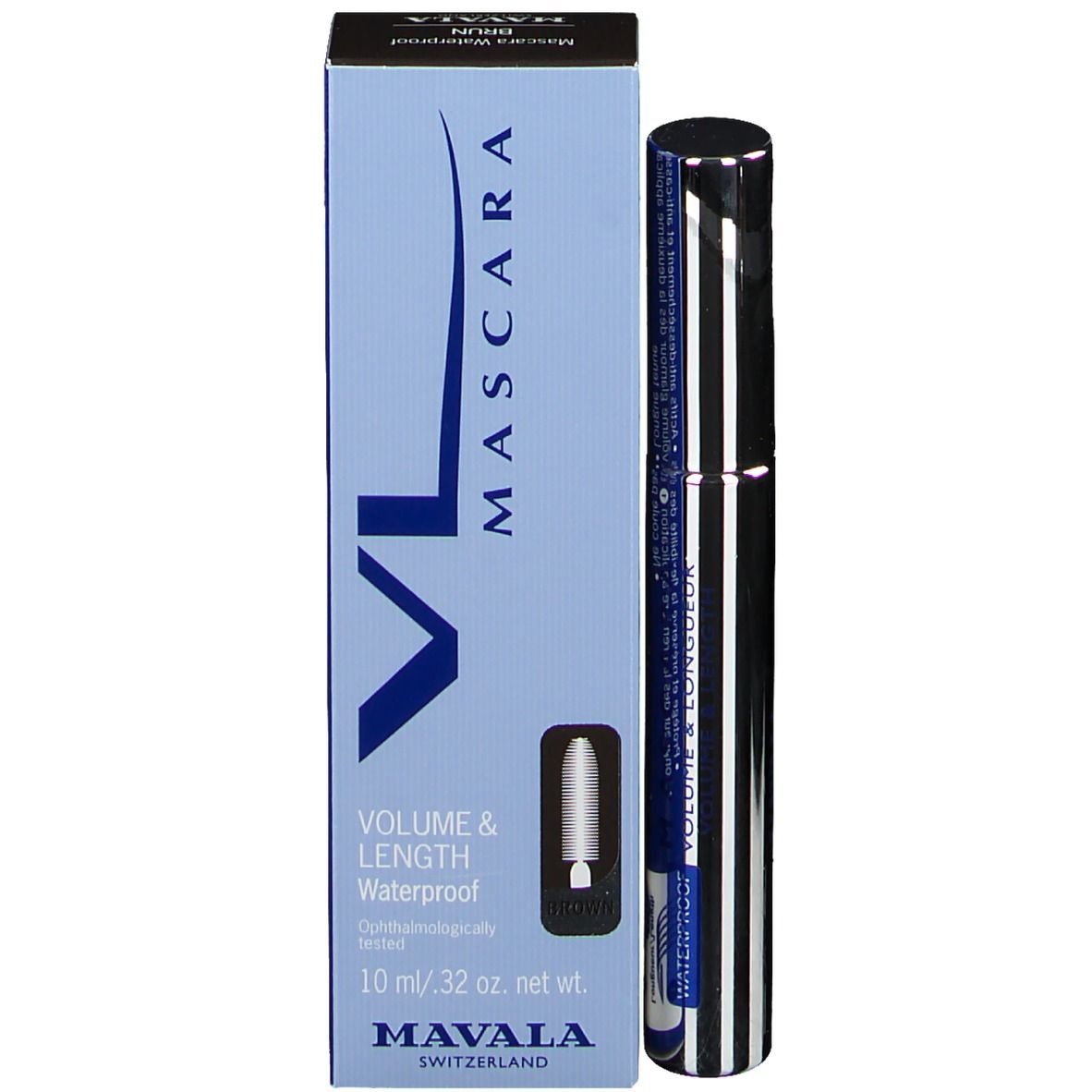 Mascara-Tube und Schachtel. Schachtel mit Produktnamen, Marke und Inhaltsangaben. Tube mit Streifenmuster.