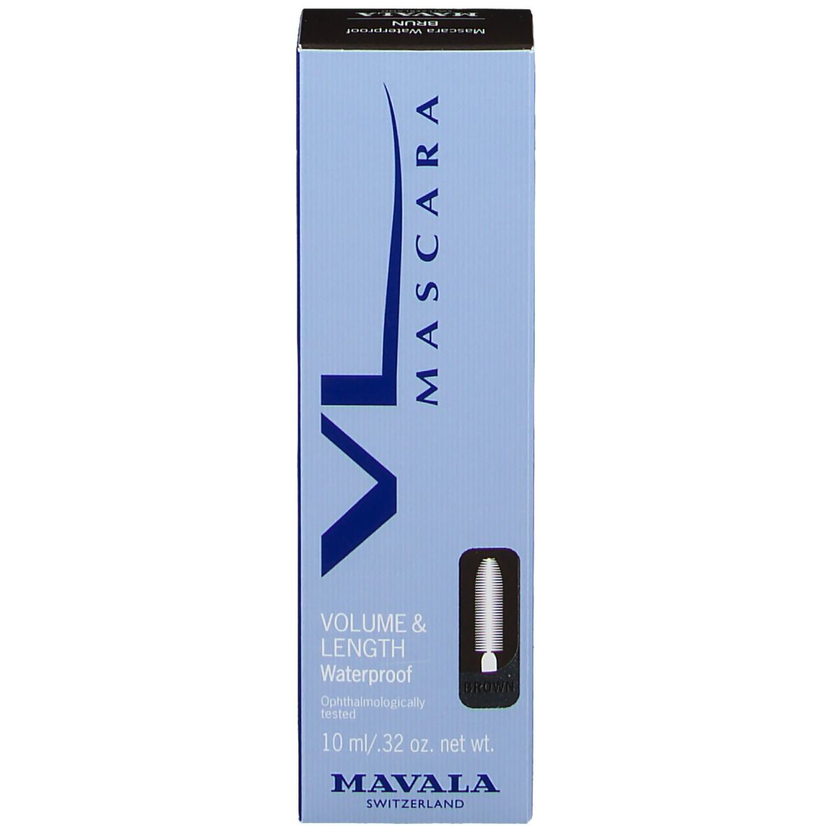 Schachtel mit Produktnamen, Marke und Inhaltsangaben. Aufschrift: MAVALA, MASCARA, VOLUME & LENGTH.