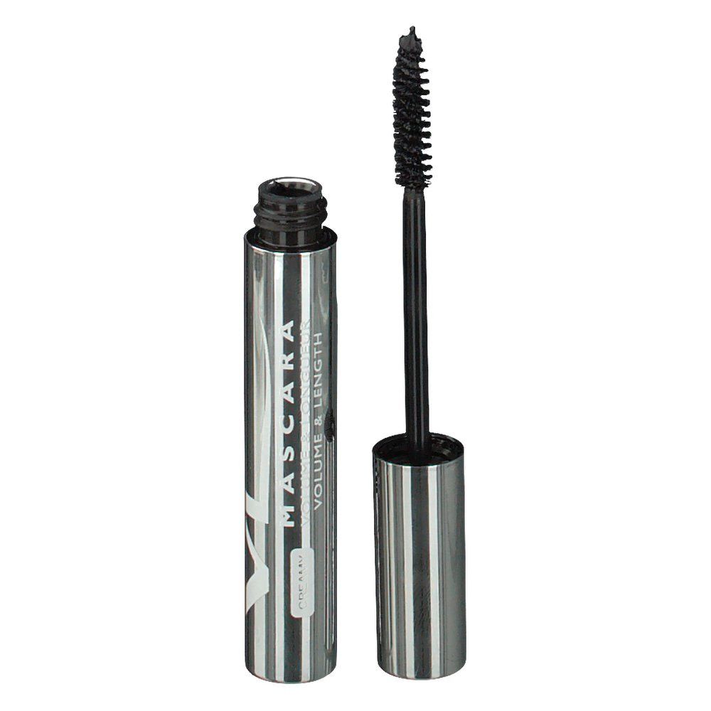 Flacon de mascara et brosse. Flacon argenté avec bouchon noir. Texte: MASCARA VOLUME & LENGTH. Brosse avec poils noirs.