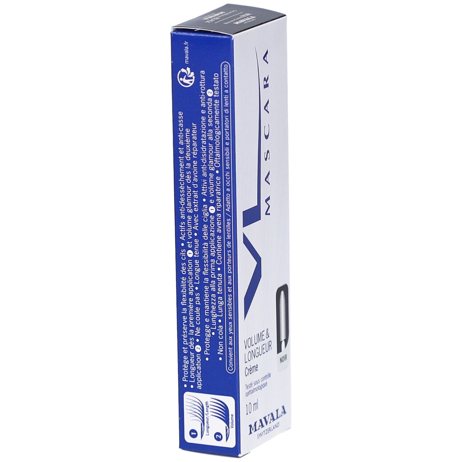 Mascara VL Crème Noir von Mavala. Weiße Schachtel mit blauen Akzenten und Text. Volumen & Länge, 10 ml. Ophthal. getestet.