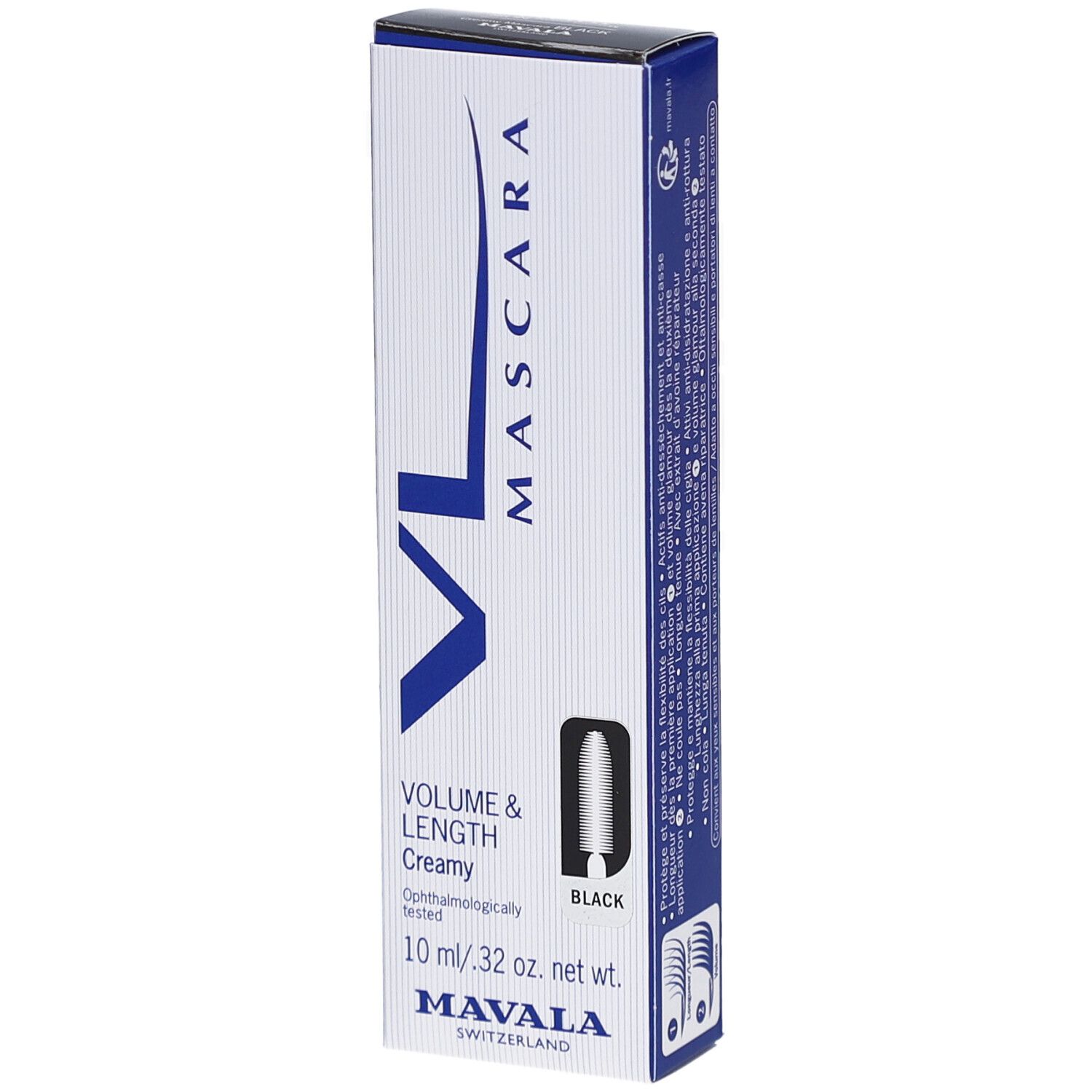 Mascara VL Black von Mavala. Schwarze Mascara in einer weißen Schachtel mit blauen Akzenten. Volumen & Länge, 10 ml.