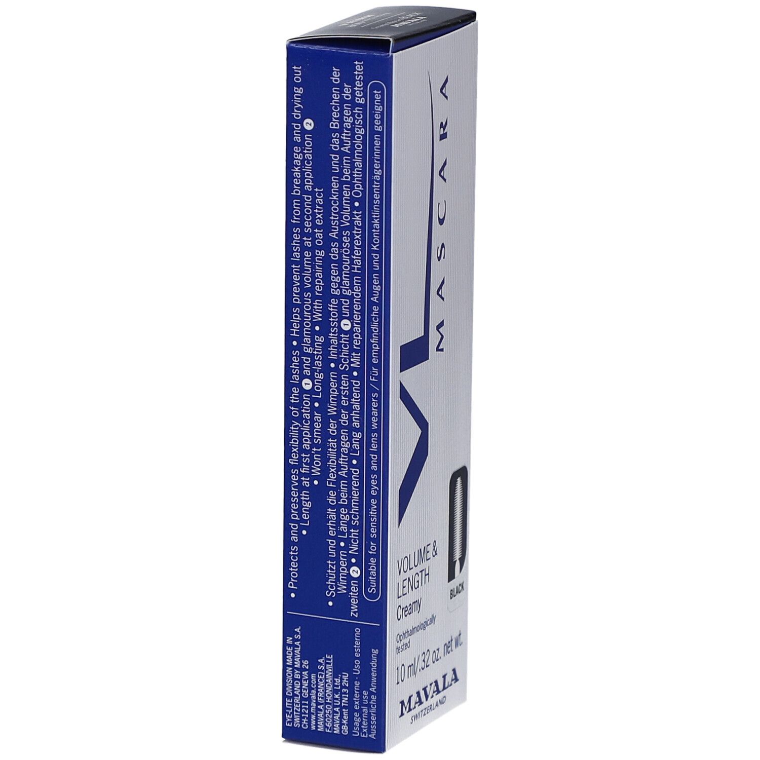 Mascara VL Black von Mavala. Weiße Schachtel mit blauen Akzenten und Text. Volumen & Länge, 10 ml. Ophthal. getestet.