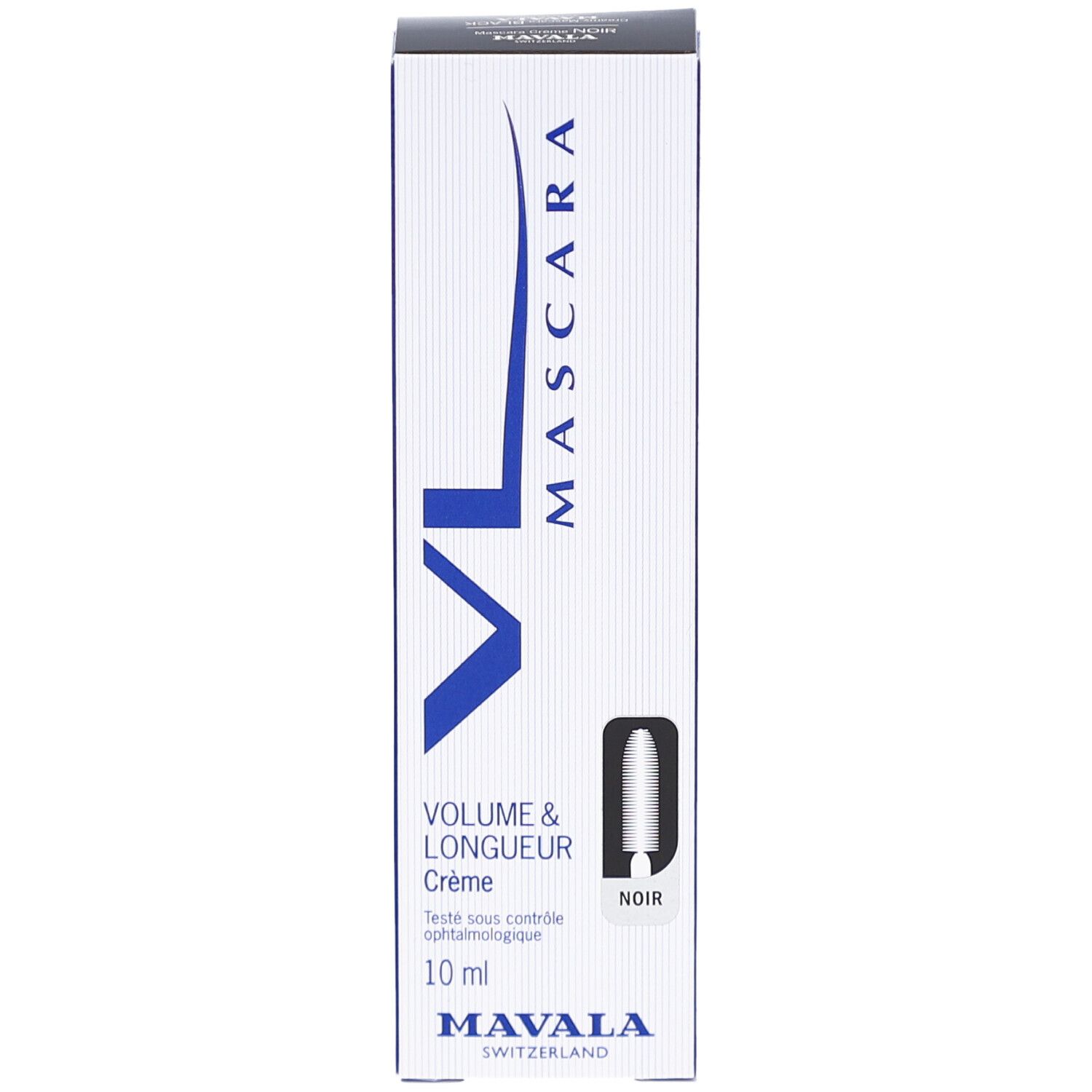 Mascara VL Crème Noir von Mavala. Schwarze Mascara in einer weißen Schachtel mit blauen Akzenten. Volumen & Länge, 10 ml.