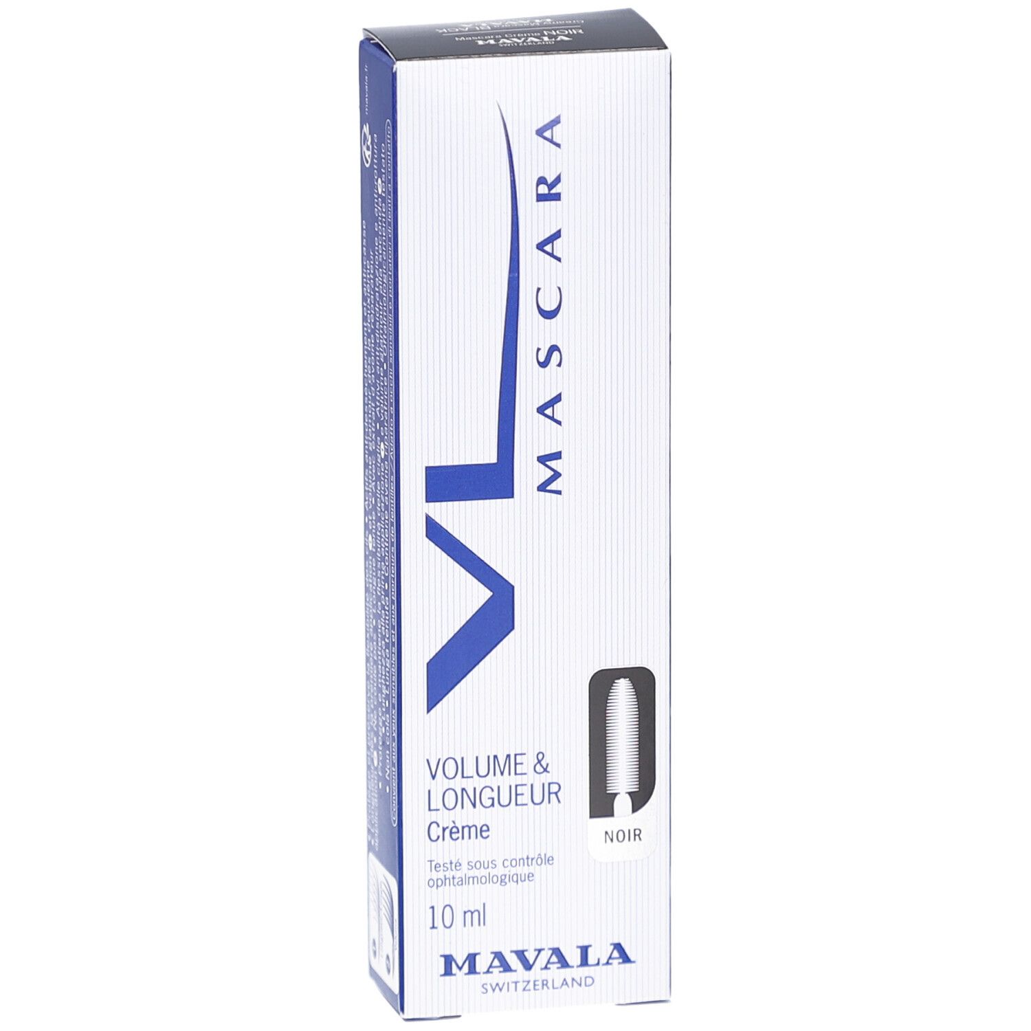 Mascara VL Crème Noir von Mavala. Schwarze Mascara in einer weißen Schachtel mit blauen Akzenten. Volumen & Länge, 10 ml.