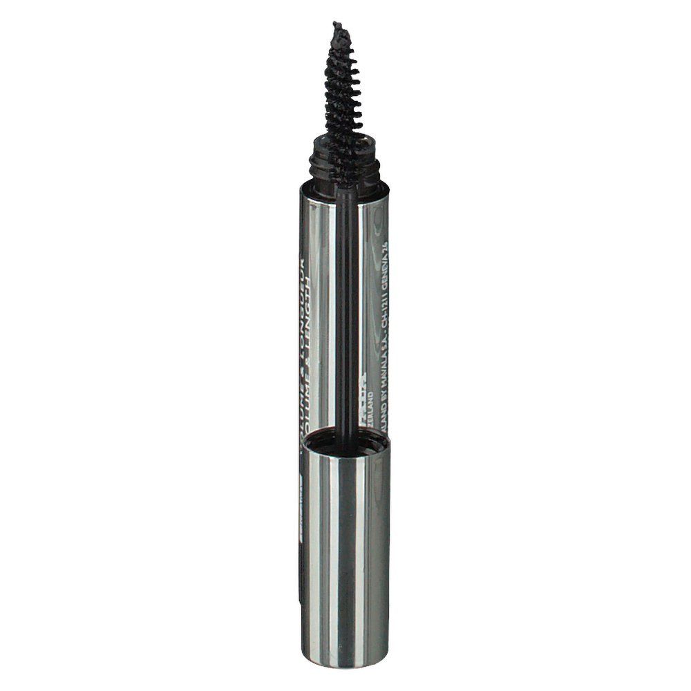 Brosse de mascara dans un flacon ouvert. Flacon argenté avec bouchon noir. Brosse avec poils noirs.