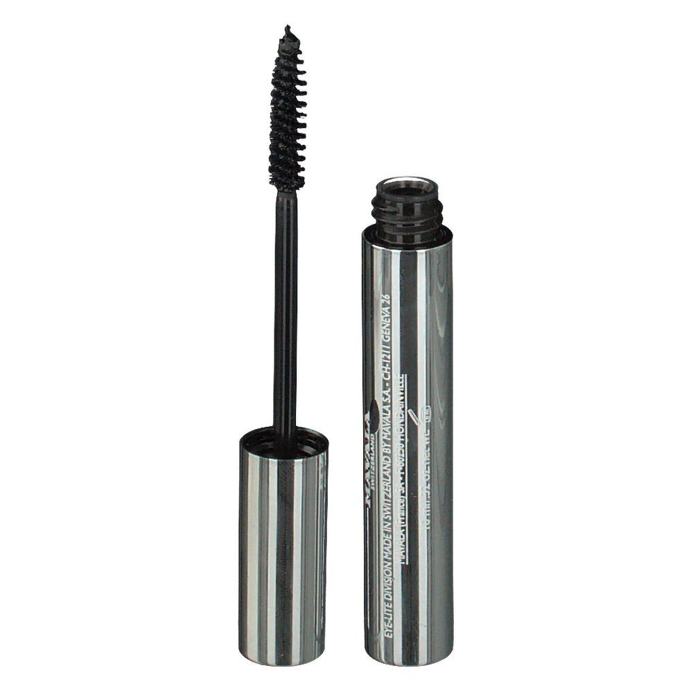Brosse et flacon de mascara. Flacon argenté avec bouchon noir. Texte: MASCARA VOLUME & LENGTH. Brosse avec poils noirs.