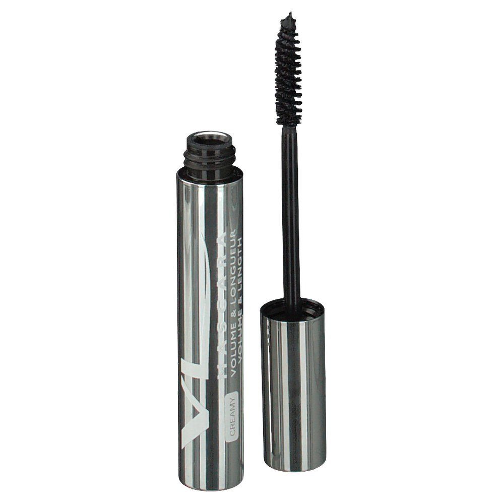 Flacon de mascara et brosse. Flacon argenté avec bouchon noir. Texte: VOLUME & LONGUEUR. Brosse avec poils noirs.