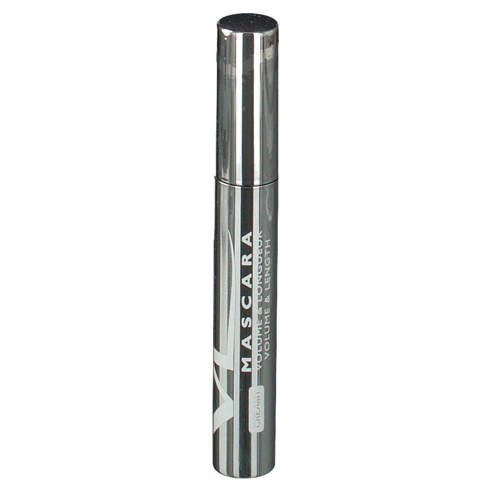 Mascara-Tube, silberfarben, mit schwarzer Schrift. Aufschrift: MASCARA VOLUME & LONGUEUR. Farbe: Brauner Creme.