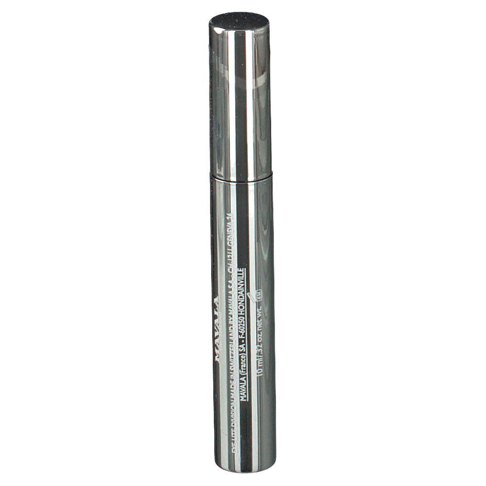 Silberfarbene Mascara-Tube. Aufschrift: MAVALA, VOLUME & LONGUEUR, 10 ml. Farbe: Brauner Creme. Mit schwarzer Schrift.