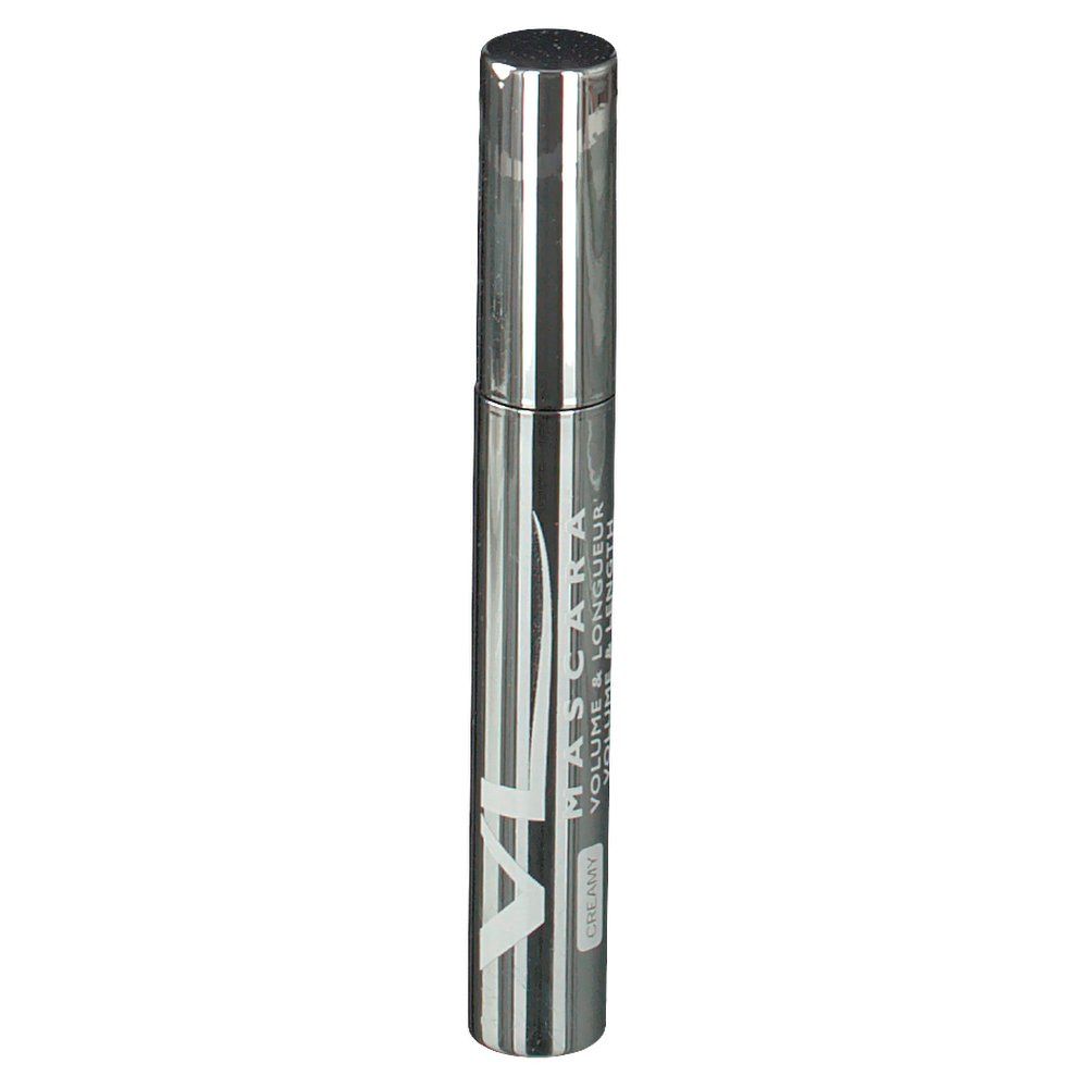 Mascara-Tube, silberfarben, mit schwarzer Schrift. Aufschrift: MASCARA VOLUME & LONGUEUR. Farbe: Brauner Creme.