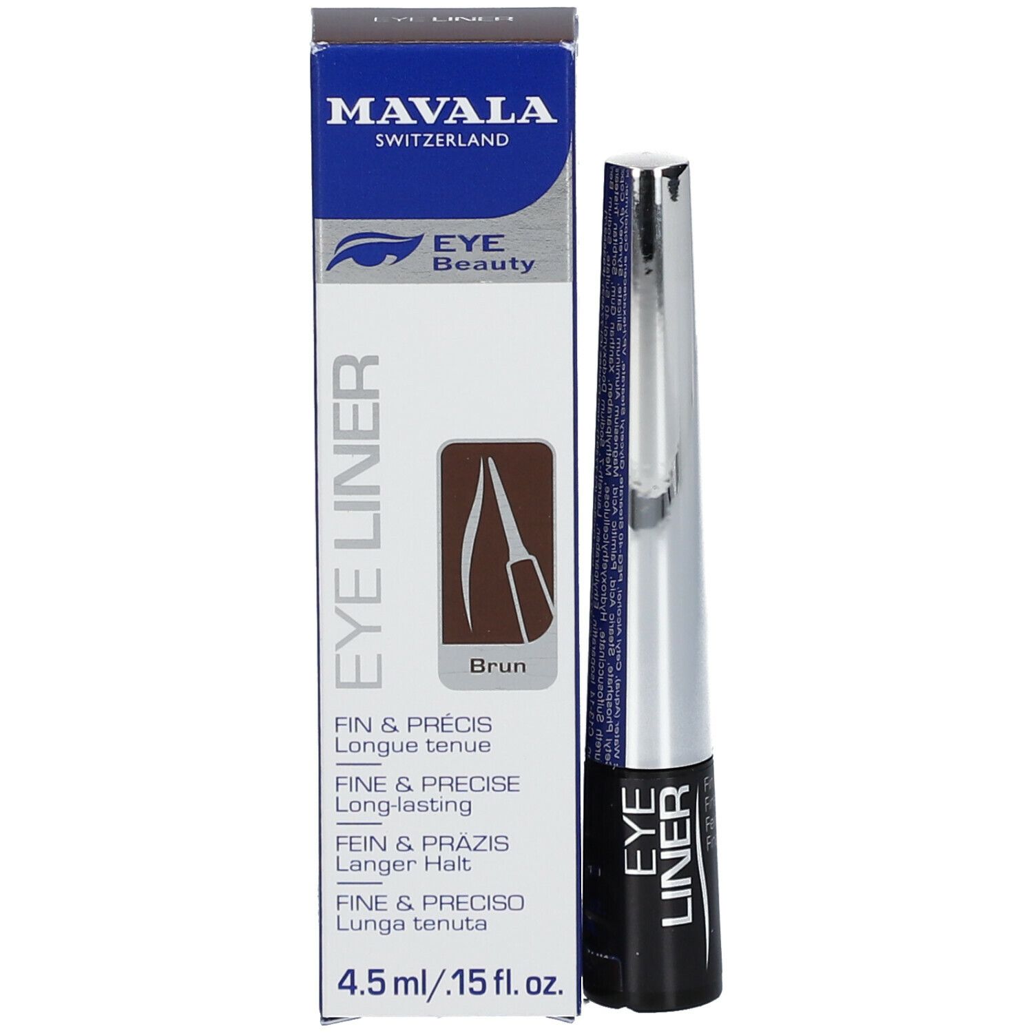 Eyeliner brun avec emballage. Inscriptions : MAVALA, EYE Beauty, EYE LINER, 4,5 ml, Brun.