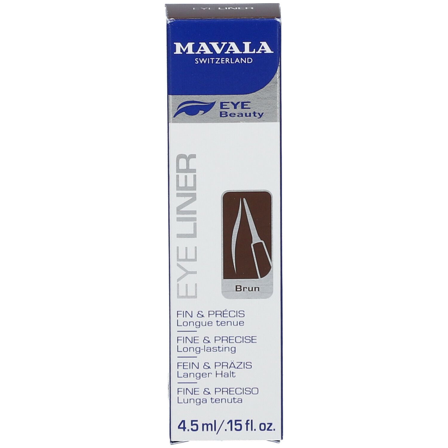 Emballage d'eyeliner brun. Inscriptions : MAVALA, EYE Beauty, EYE LINER, 4,5 ml, Brun.