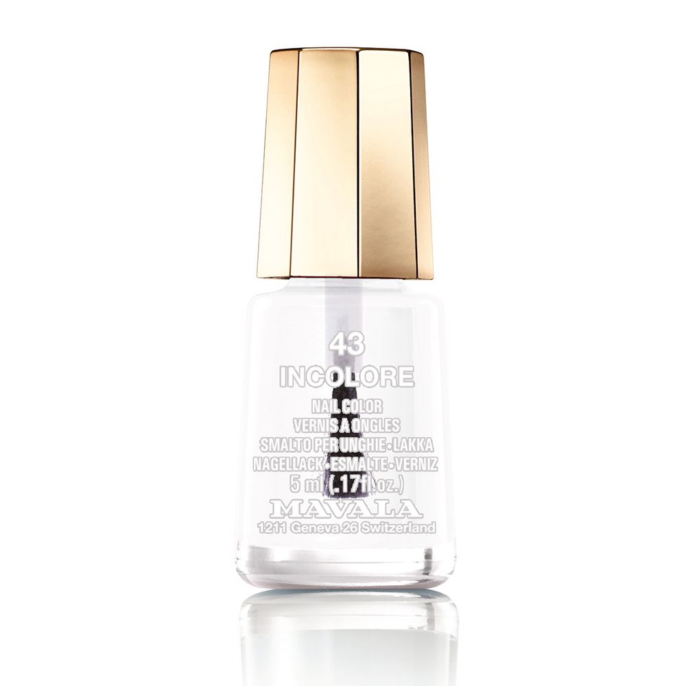 Klarlackflasche mit goldfarbenem Deckel. Beschriftung: 43 INCOLORE, MAVALA. 5 ml.
