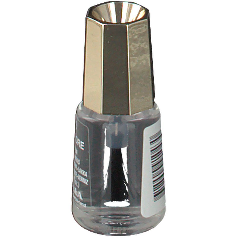 Nagellackflasche mit goldfarbenem Deckel und Pinsel. Barcode auf dem Etikett.