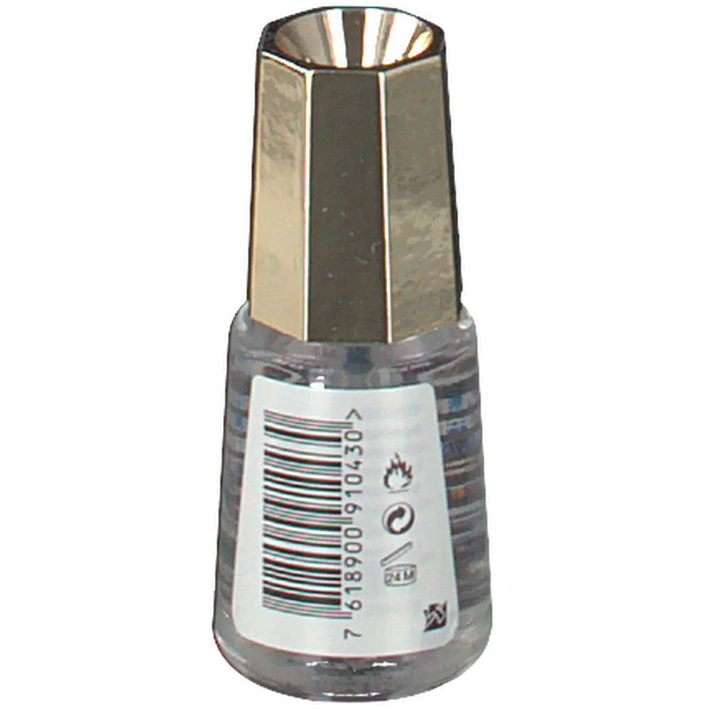 Nagellackflasche mit goldfarbenem Deckel. Rückseite mit Barcode und Symbolen.
