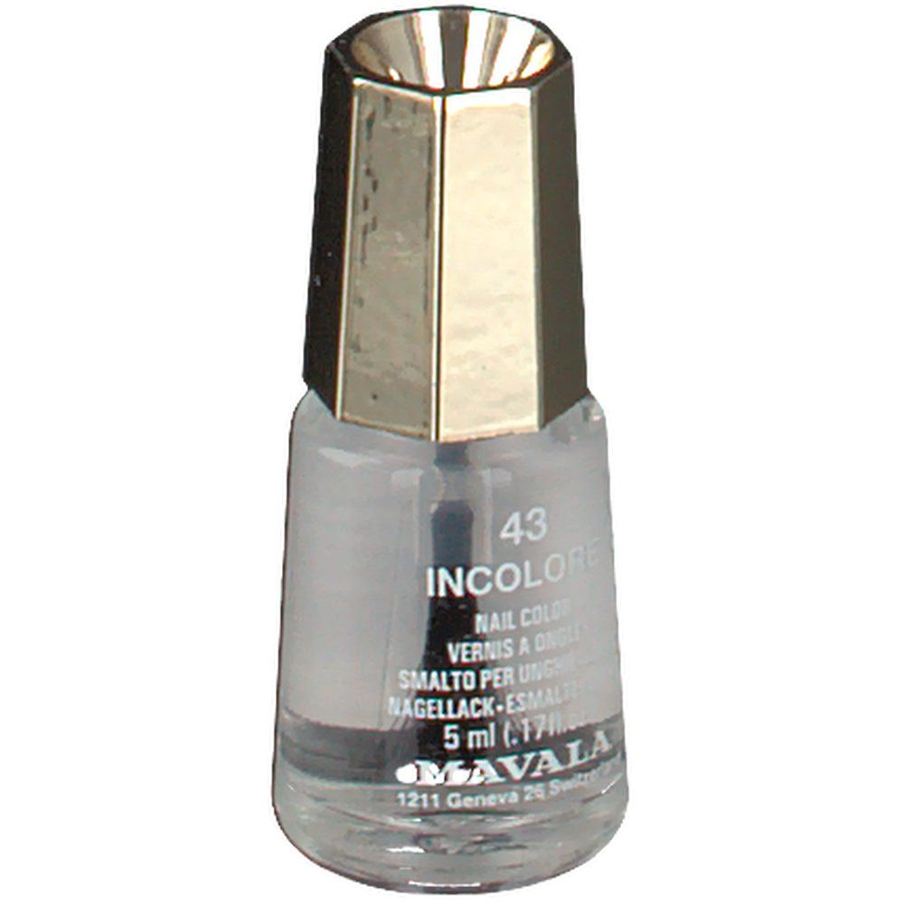 Klarlackflasche mit goldfarbenem Deckel. Beschriftung: 43 INCOLORE, MAVALA. 5 ml.