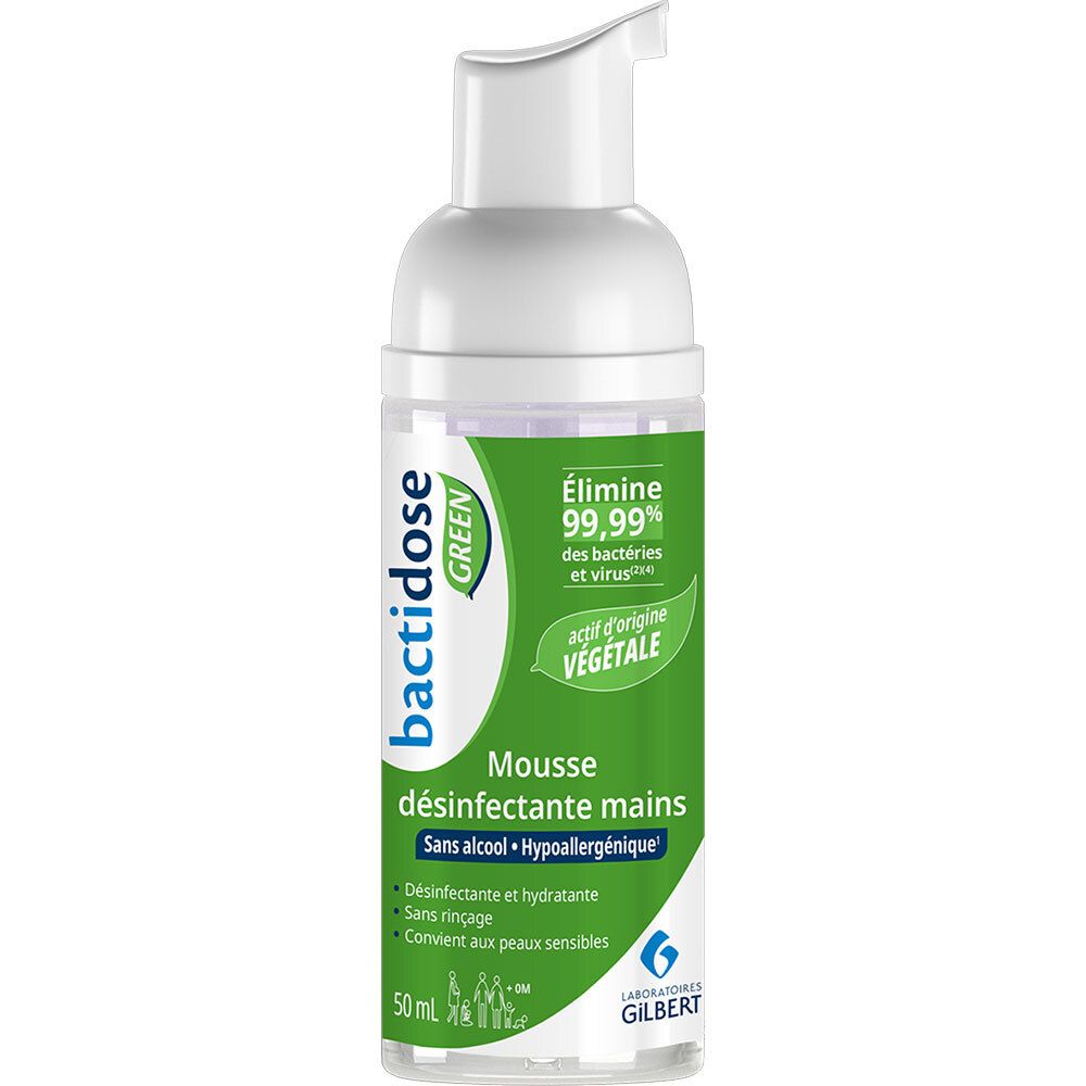Flacon de mousse désinfectante pour les mains. BACTIDOSE GREEN, étiquette verte. Contient 50 ml. Sans alcool, hypoallergénique.