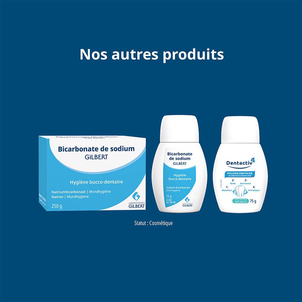 Drei Produkte: „Bicarbonate de sodium GILBERT“, eine Flasche und eine Dose „Dentactiv“.