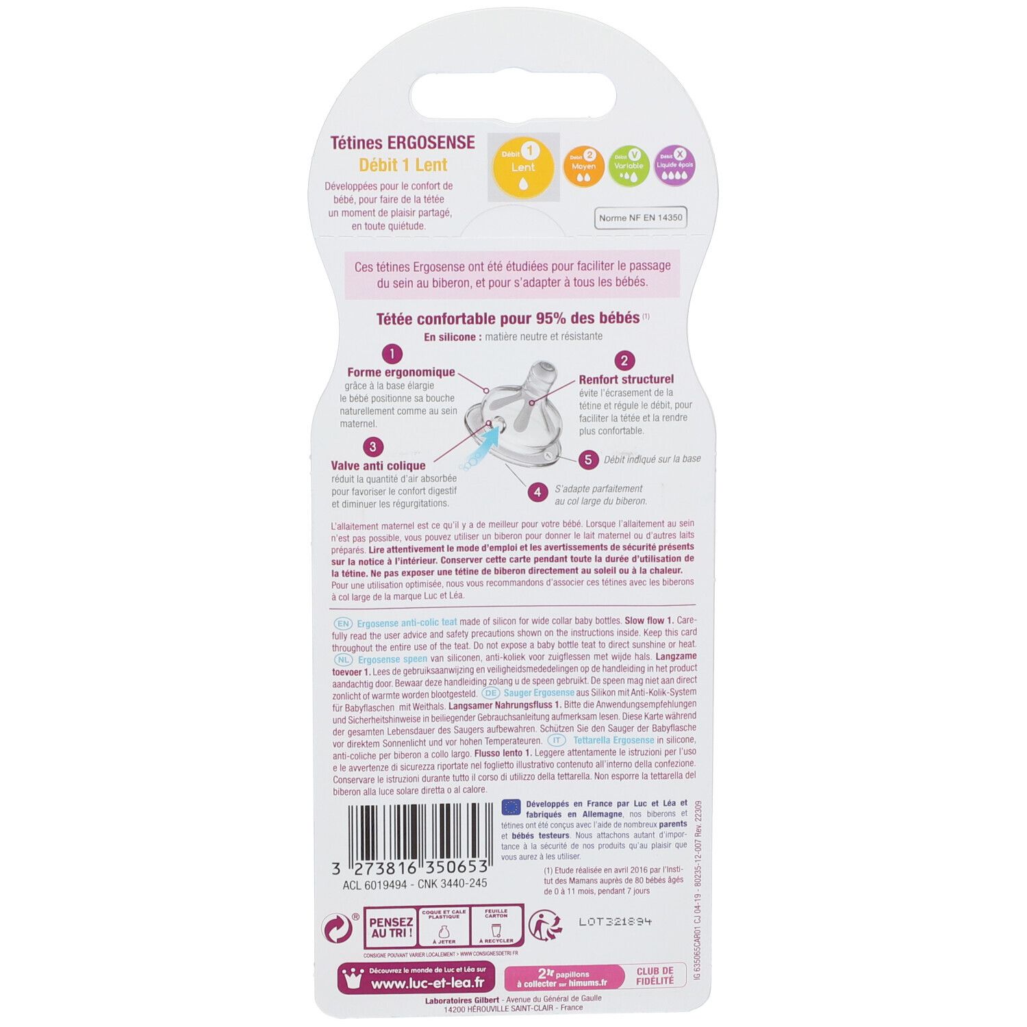 Rückseite der Blisterverpackung. Textinformationen und Produktmerkmale. Marke Luc et Léa Ergosense. Mit Zertifizierungen.