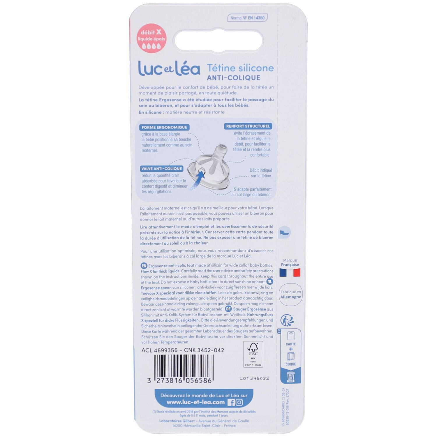 Rückseite der Blisterverpackung. Text: Tétine Ergosense. Illustrationen zur Anwendung. Text in Französisch, Englisch, Deutsch.