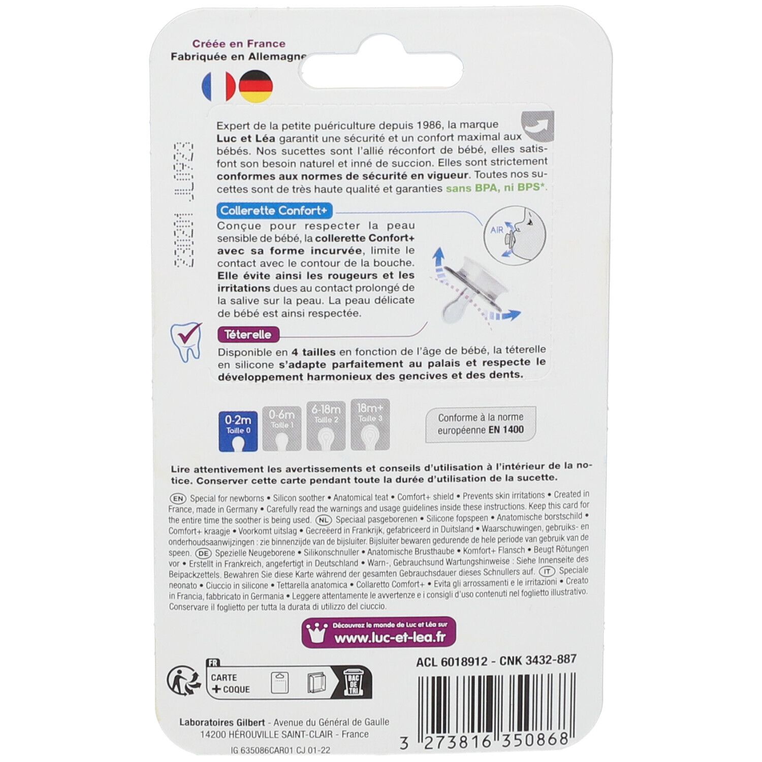 Dos de l'emballage. Texte multilingue. Informations sur la marque Luc et Léa. Certification.