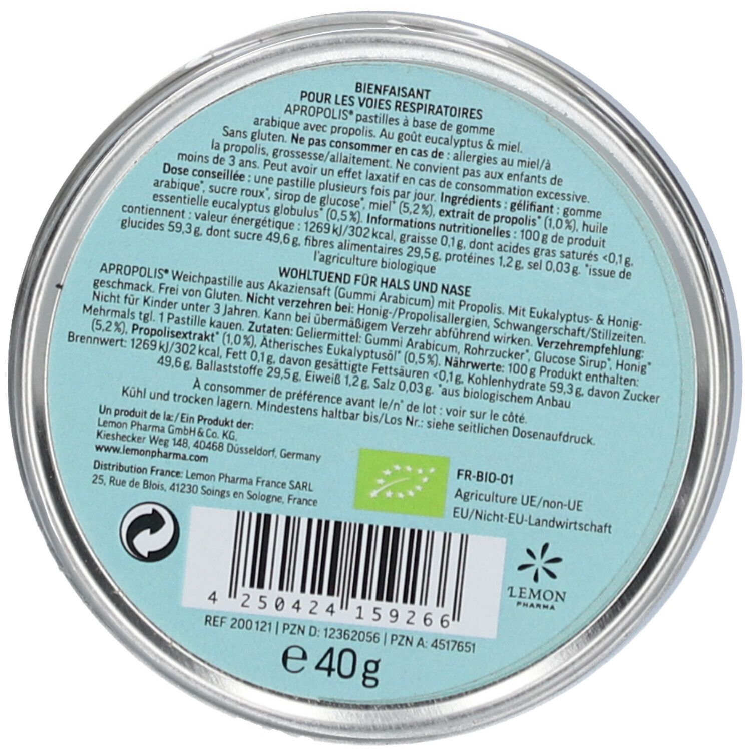 Dos de la boîte avec texte. Contient des informations sur les ingrédients, le fabricant et la certification bio.