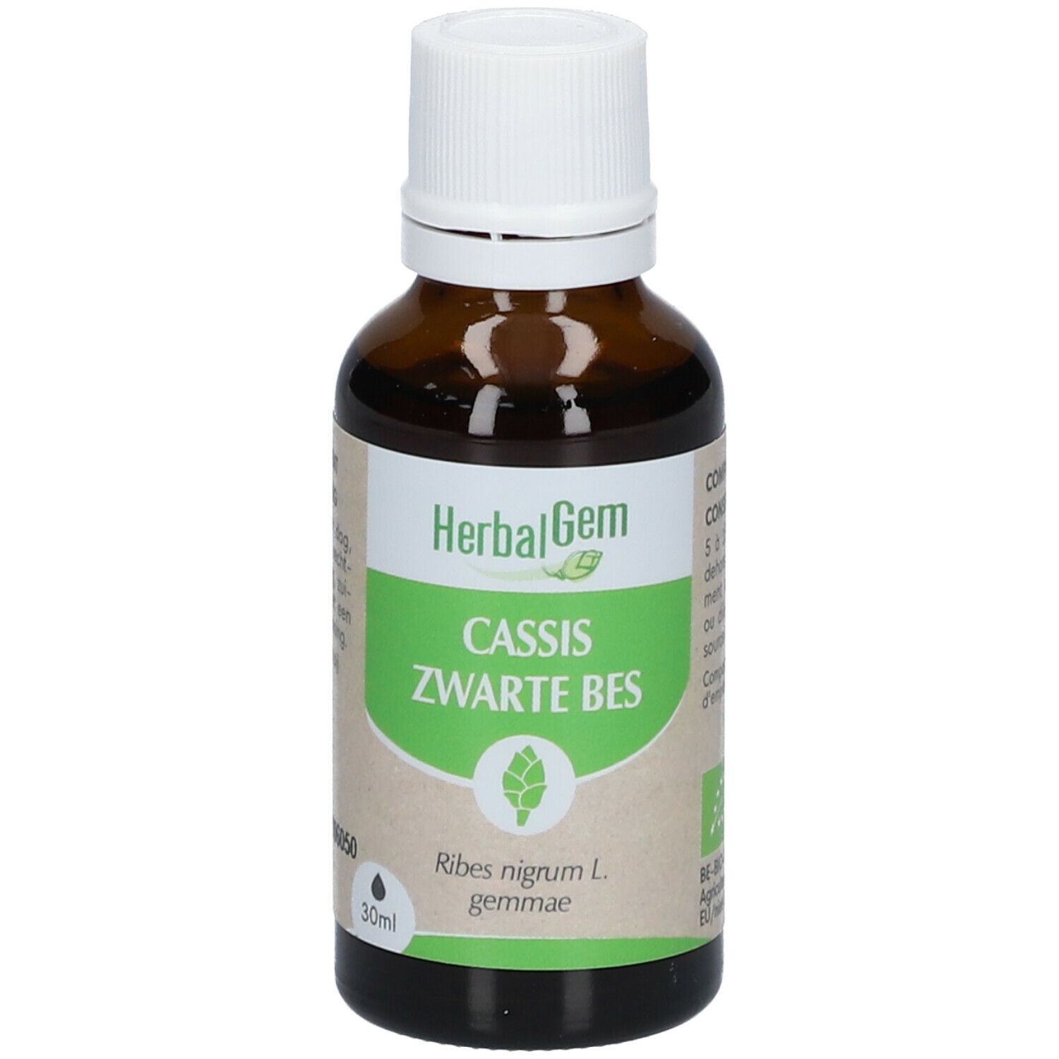 Flacon en verre brun avec bouchon blanc. Étiquette "HerbalGem" et "Cassis Zwarte Bes". Label bio.